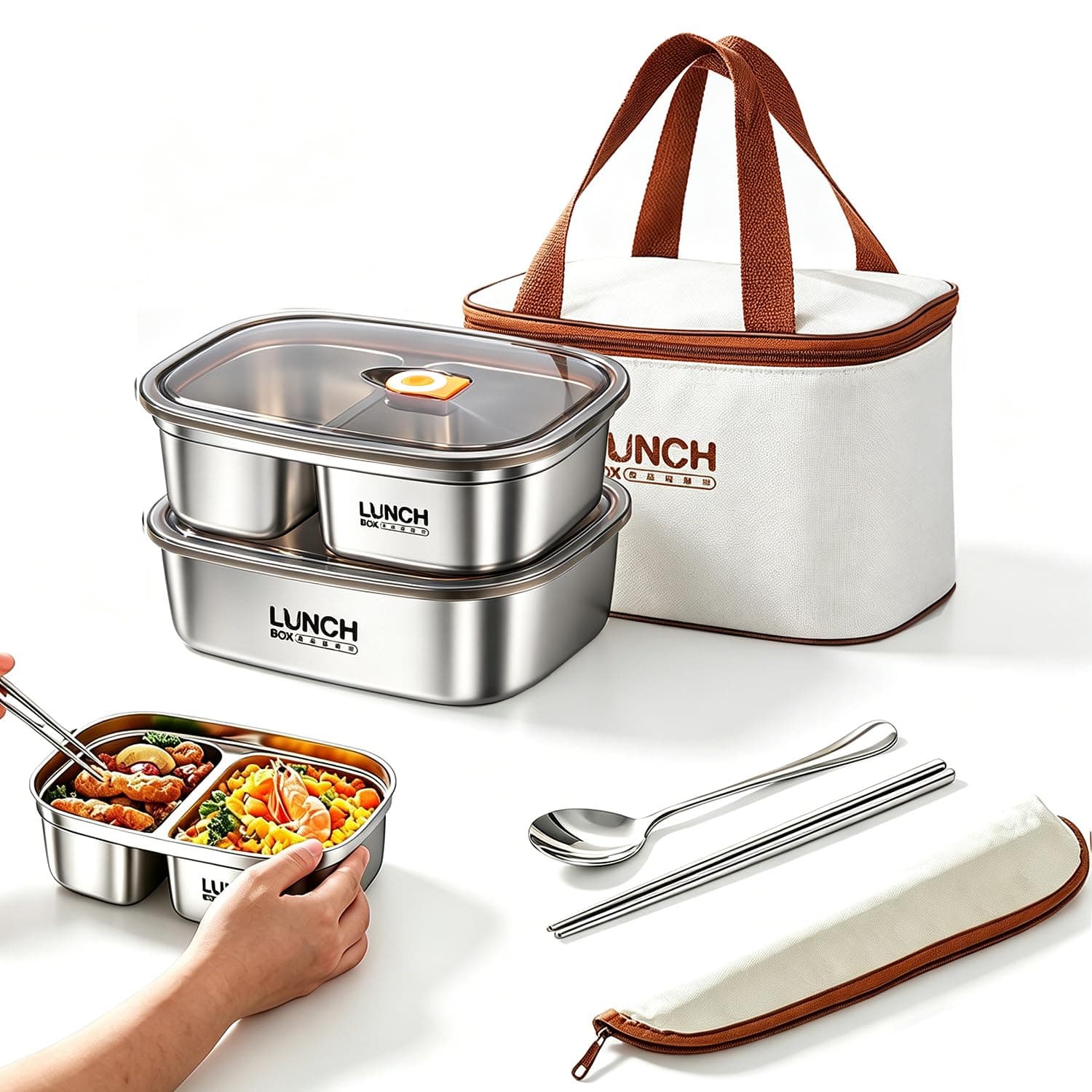 Goodern 304 Stainless Steel Bento Box,Portable Insulated Leakproof Lunch Box with Thermal Bag & Cutlery,Microwave Safe Food Storage Container Set for Adults Kids Students Office School-3100ml