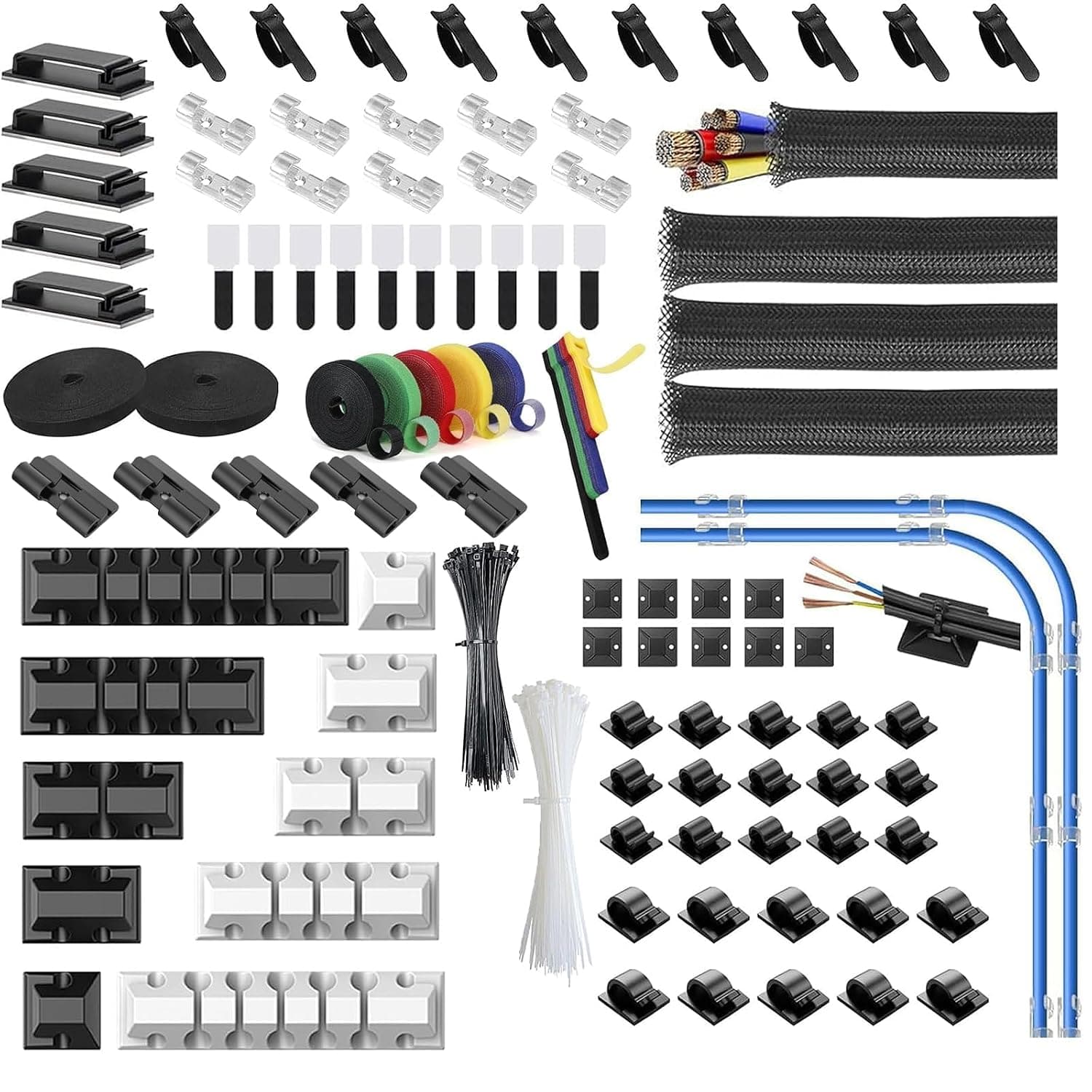 311 PCS Cable Management Kit with Split Sleeves, Adhesive Cord Clips, Reusable Ties and Wire Holders for TV Wires, Under Desk, Gaming Setup and Home Office