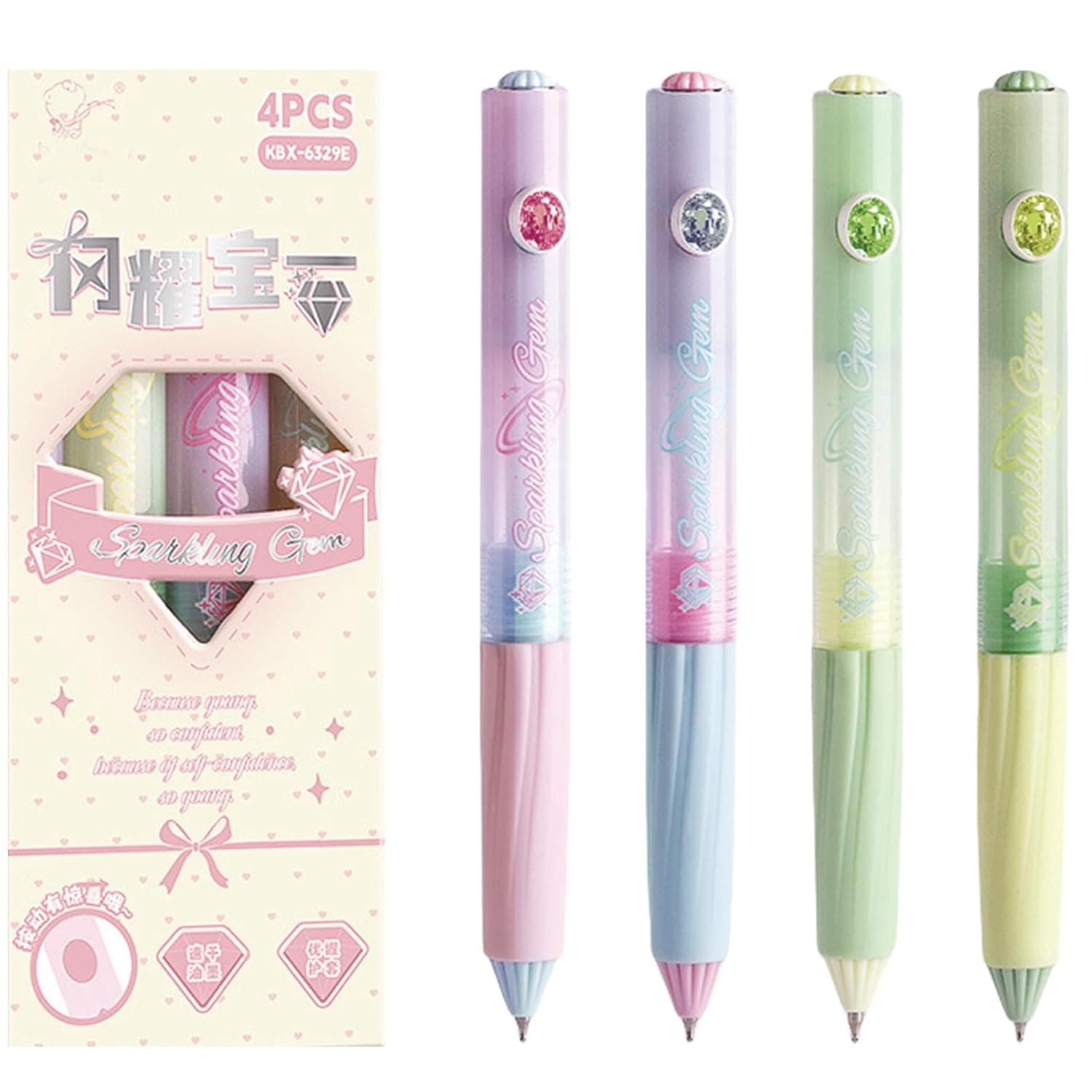 MOZXIRZ 4 Pcs Cute Gel Pens Cartoon Retractable Pens 0.5mm Black Ink Writing Pen Kawaii Aesthetic Pen for Girls Boys Women Men Office School Supplies (Diamond)