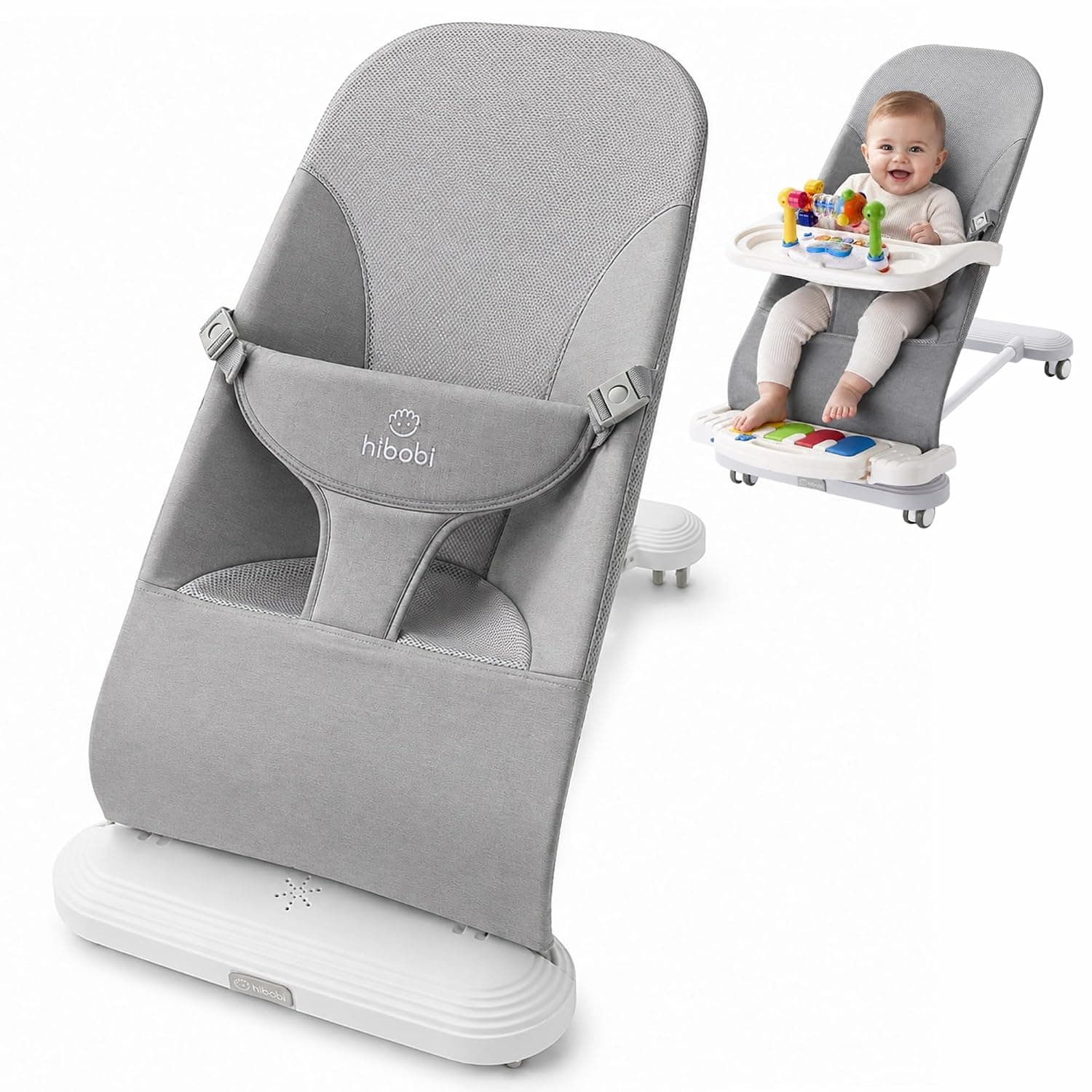 Foldable Baby Bouncer with 360° Silent Wheels, Adjustable Recline, Soft Mesh Fabric & Safety Harness, Portable Infant Rocker for Babies 0–12 Months (Grey)