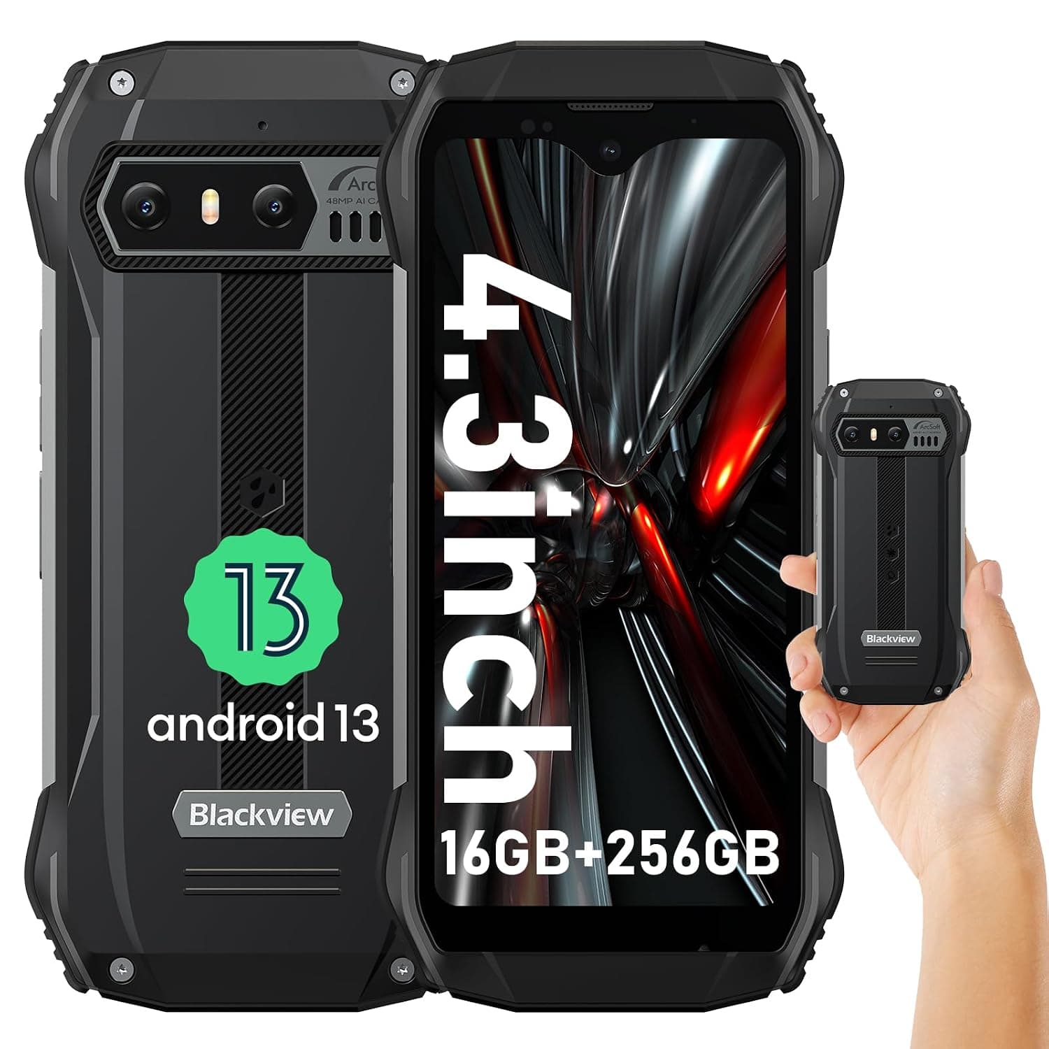 Blackview Phone BV4800, Android 13 4GB+32GB 2TB Expand Rugged Smartphone, 6.56" Incell Screen 5180mAh Rugged Phone, 4G T-Mobile Dual SIM Rugged Smartphone Unlocked, IP69K, 3 Card Slots/Face ID-Black