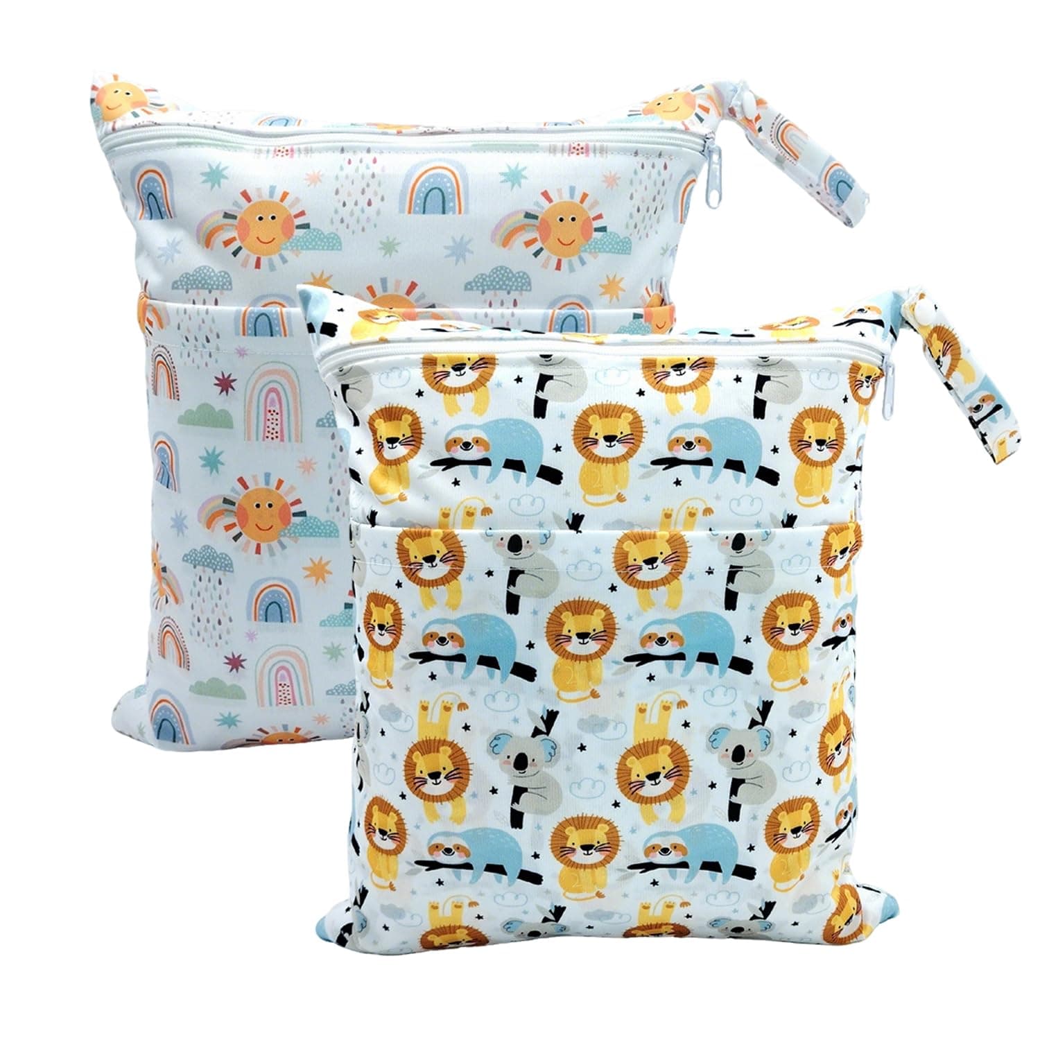 [2 Pack] Waterproof Wet Dry Bags, Dual Zippered Compartments for Swimsuits, Baby Clothes Soiled Items Reusable Beach Pool Gym Bag for Travel, Daycare (Sun + Lion, 30 * 36 CM/11.8 * 14 inch)