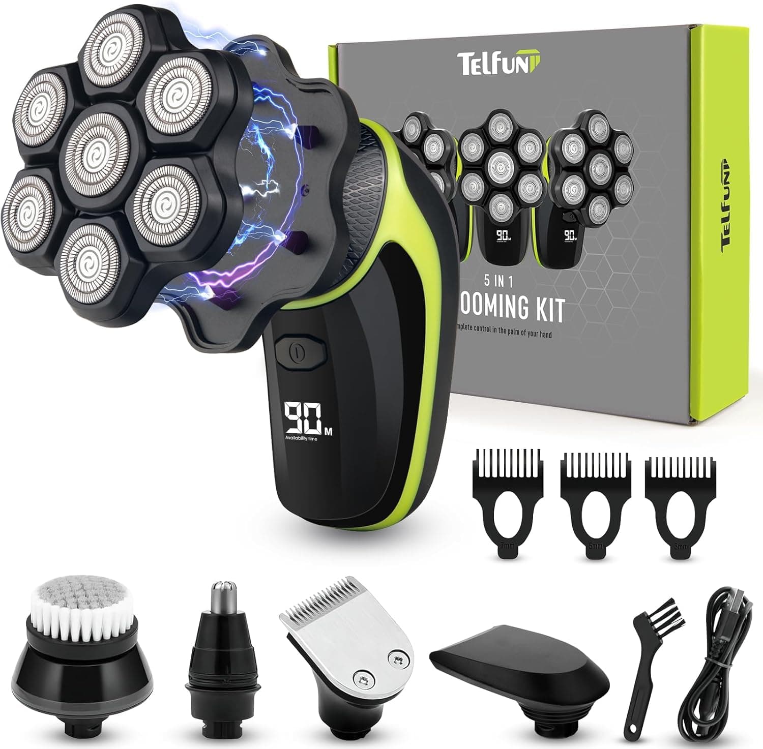 تيلفن ماكينة حلاقة راس 7D للرجال الصلع بشاشة LED قابلة للفصل للاستخدام الجاف والرطب ومقاومة للماء بدرجة اي بي اكس 7 مع شحن من النوع سي