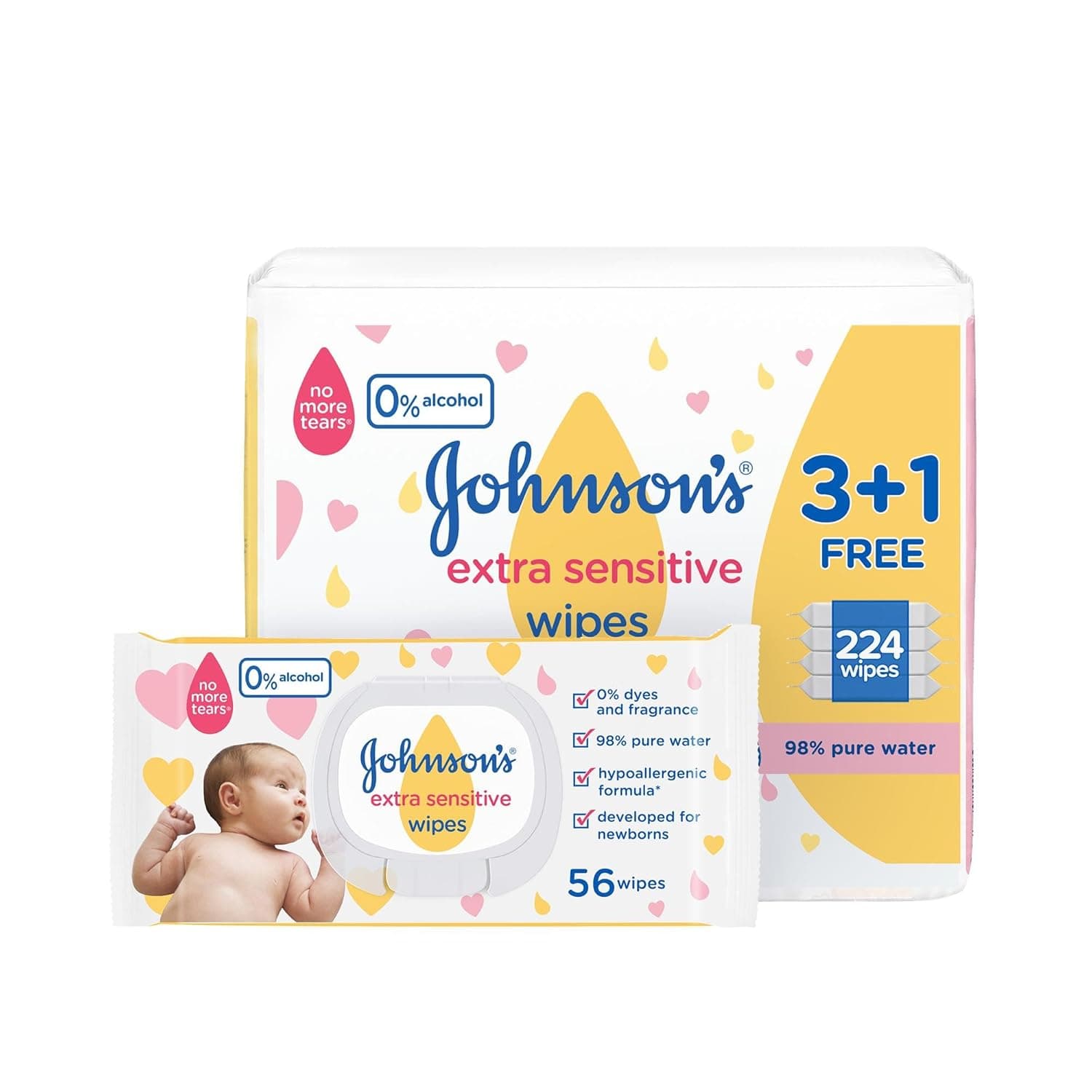 Johnson's Baby Wipes Extra Sensitive 3+1 Pack of 56 (224 Count) – 98% Pure Water, Gentle, Alcohol-Free & Mild for Baby’s Delicate Skin