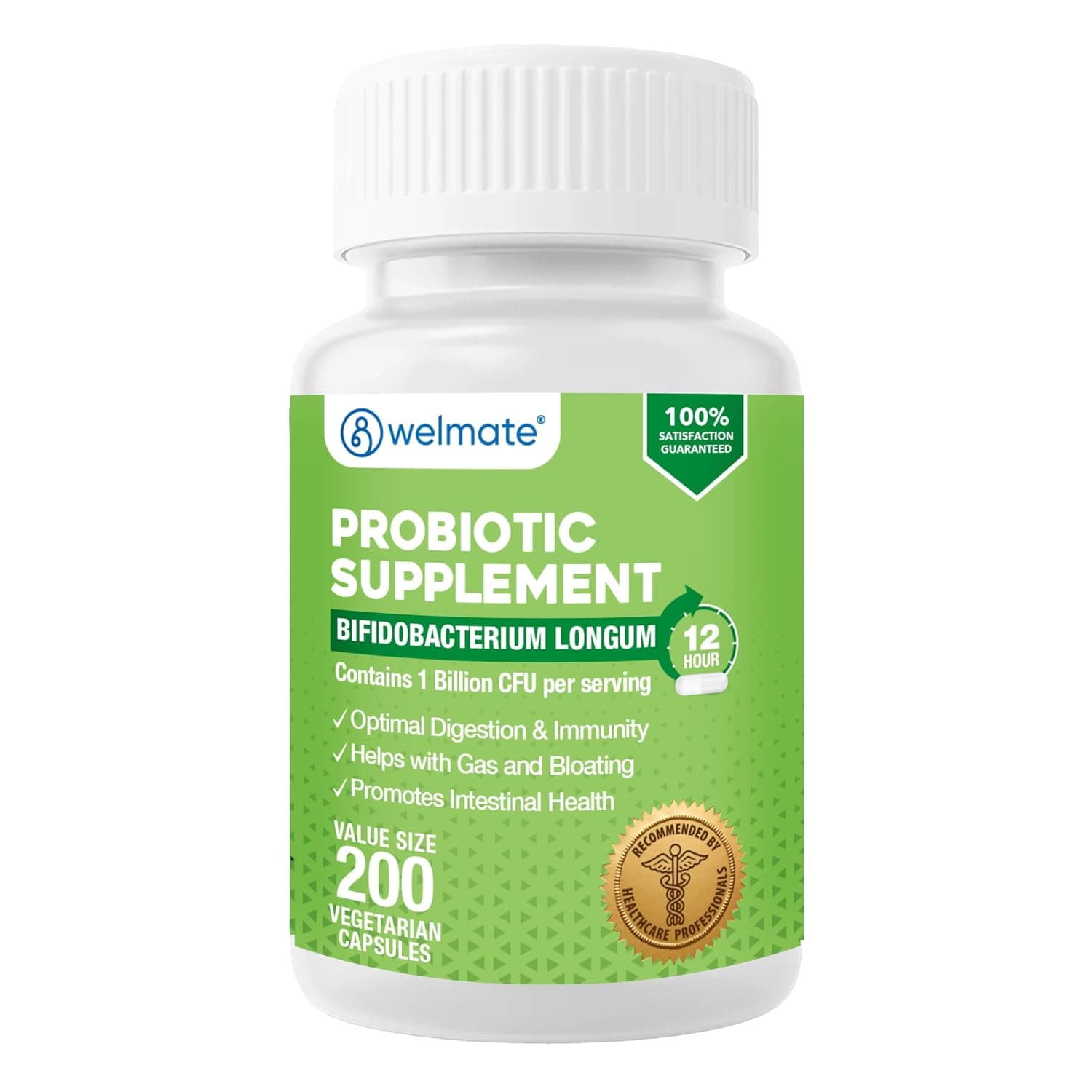 WELMATE Bifidobacterium Longum 1 Billion CFU Probiotic Capsules - Gut Health, Immune Support, Gas & Bloating Relief - Gluten Free, Vegan - Men & Women - 200 Count (200 Day Supply) | Daily vegetarian capsules offer a 200-day supply formulated to support digestive health, immune defense, and gut balance.