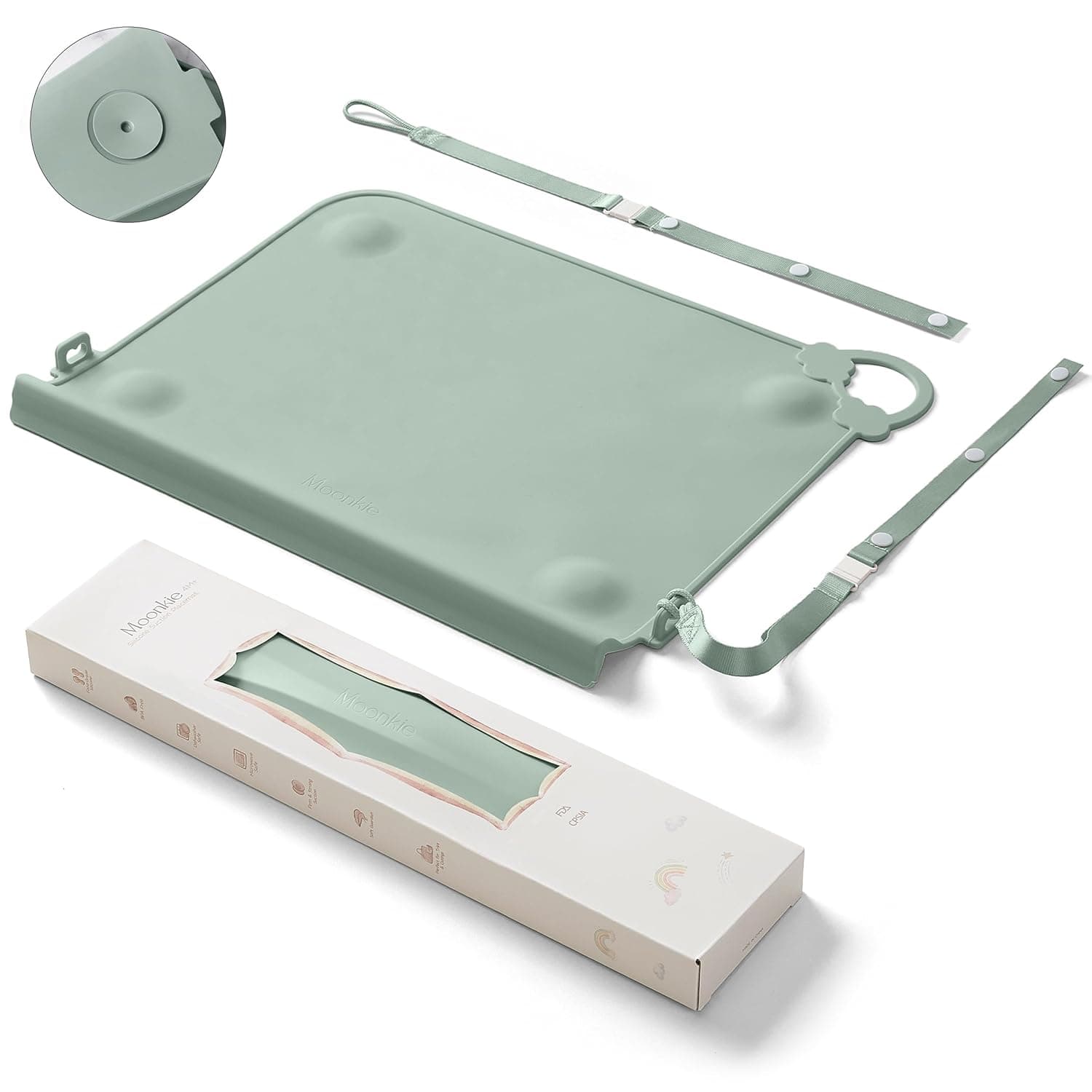 Moonkie Silicone Suction Mat for Babies, 4 Strong Suction Cups for Less Spills, BPA-Free Bite Protection Edge, 2 Attachment Straps for Baby Utensils, for Home, Restaurant & On the Go