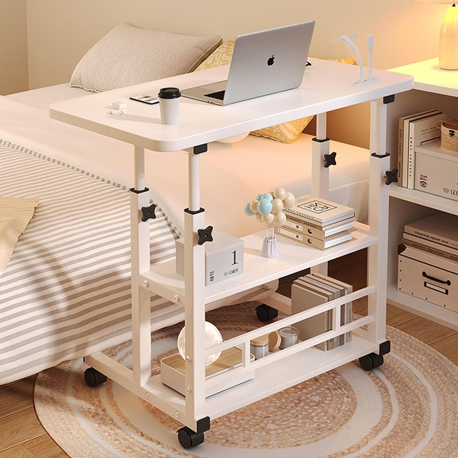 Mobile Standing Desk, Adjustable Height Mobile Computer Desk, Multifunctional Side Table Bedside Laptop Desk with 4 Wheels＆Shelf for Bedroom Living Room Office Hospital Studio 40x80cm (White A)