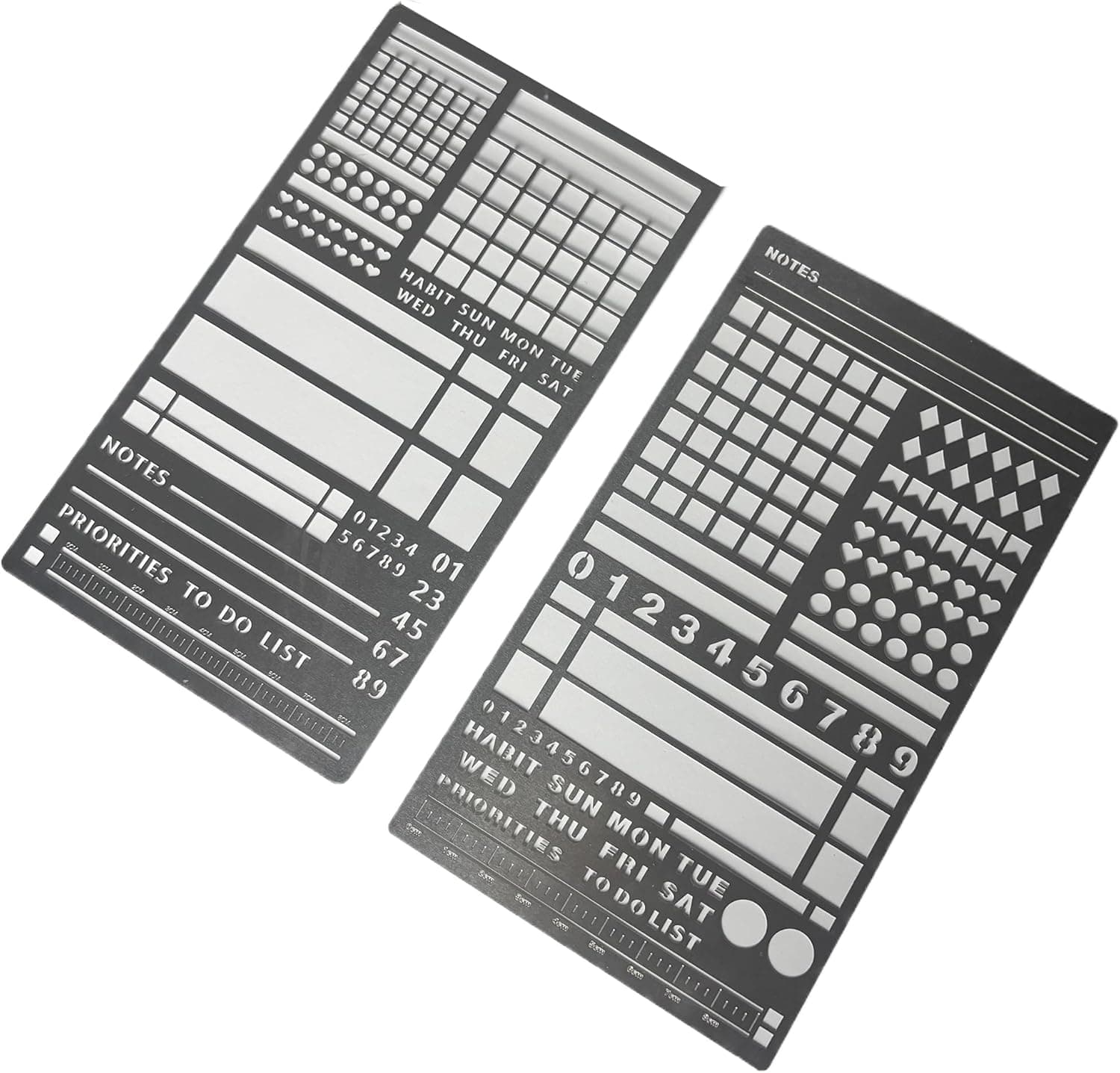Metal Stencil Set for Planners 2-Piece, Reusable Drawing Templates for Bullet Journals, Habit Tracking, Scrapbooking, List Making, Planner Art and DIY Projects (silver)