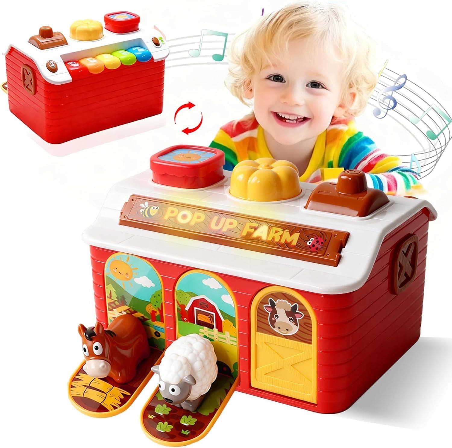Soofam Pop up Farm Animal Toys with Music & Light & Piano, Interactive Montessori Cause and Effect Toys for 1 Year Old Boy, Toddler Early Learning Toys, Birthday Gifts for Baby Infant Toy 6-12 Months