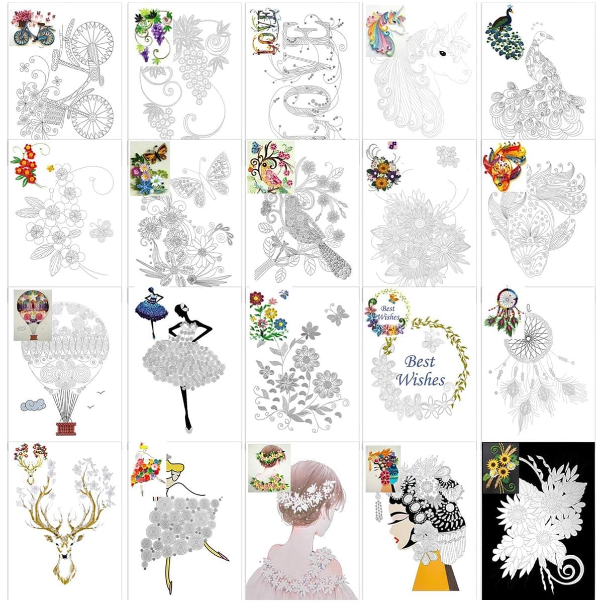 HASTHIP® 20 Sheets A4 Quilling Paper Templates, Assorted Hard Paper Patterns for DIY Craft, Drawing, Design, Art Supplies, Quilling Tools for Adults & Kids