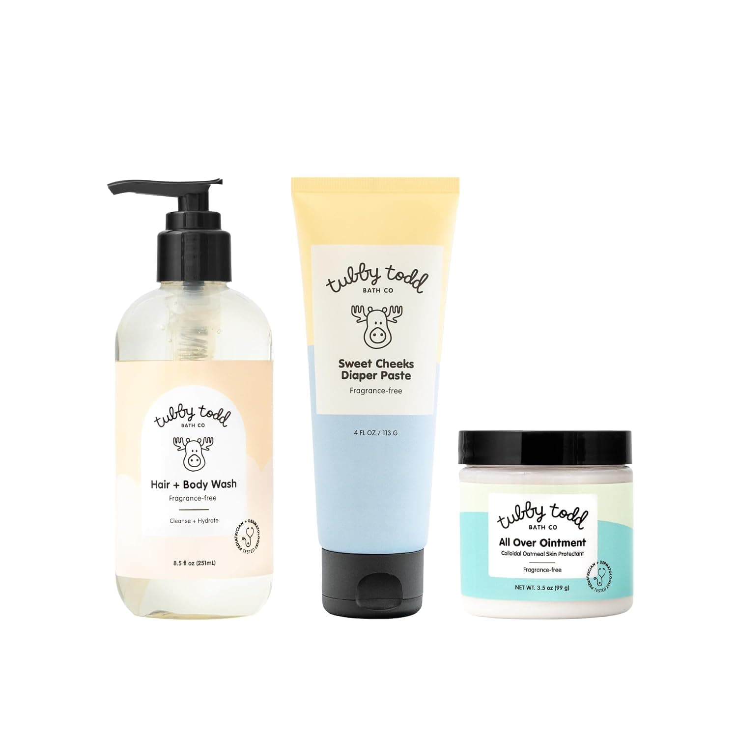 TUBBY TODD Baby Bundle Newborn Skin Care Set - Hypoallergenic Hair + Body Wash, All Over Ointment with Colloidal Oatmeal, Sweet Cheeks Diaper Paste - Fragrance Free, Standard Size