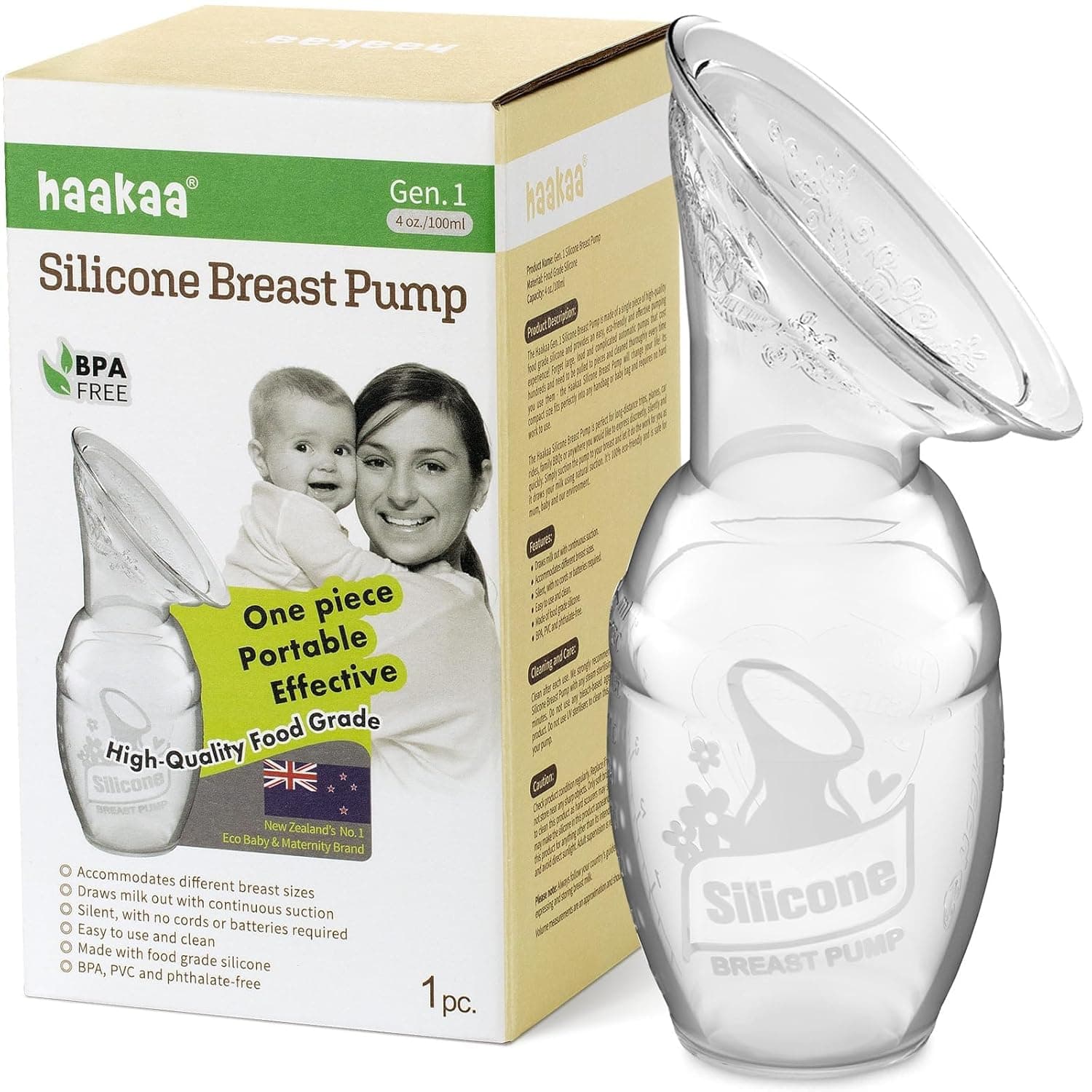 Haakaa Manual Breast Pump, Clear, 4oz/100ml | Premium Silicone Made, Portable & Flexible, One-piece Design, Lightweight, On-the-Go, BPA Free, PVC-free, phthalate-free