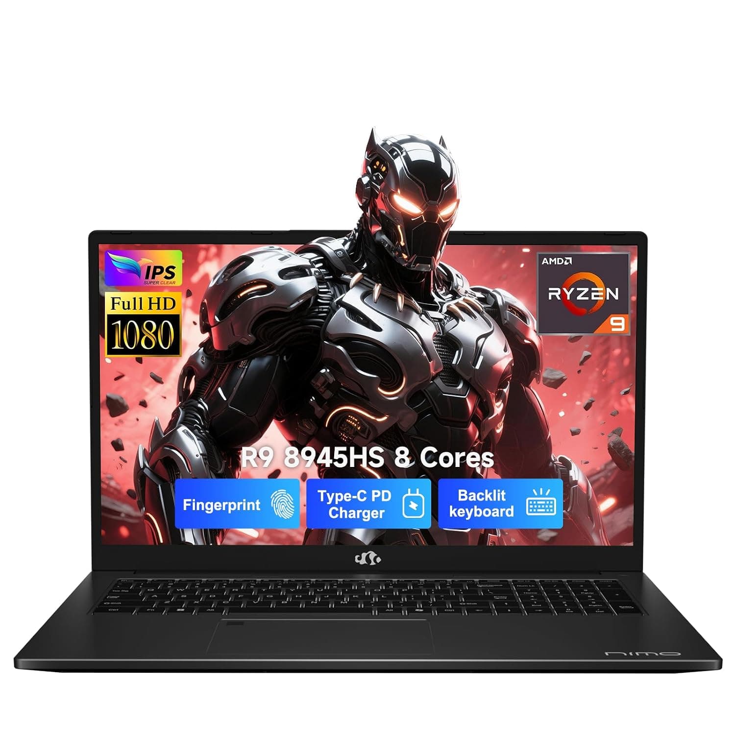 NIMO 17.3 Gaming-Laptop Ryzen 9 8945HS (Beat i9-13900H, Up to 5.2GHz) 16GB RAM, 1TB SSD, Radeon 780M, PD 100W Type-C AI-Enhanced for Copilot VR Ready, Backlit Keyboard, Fingerprint