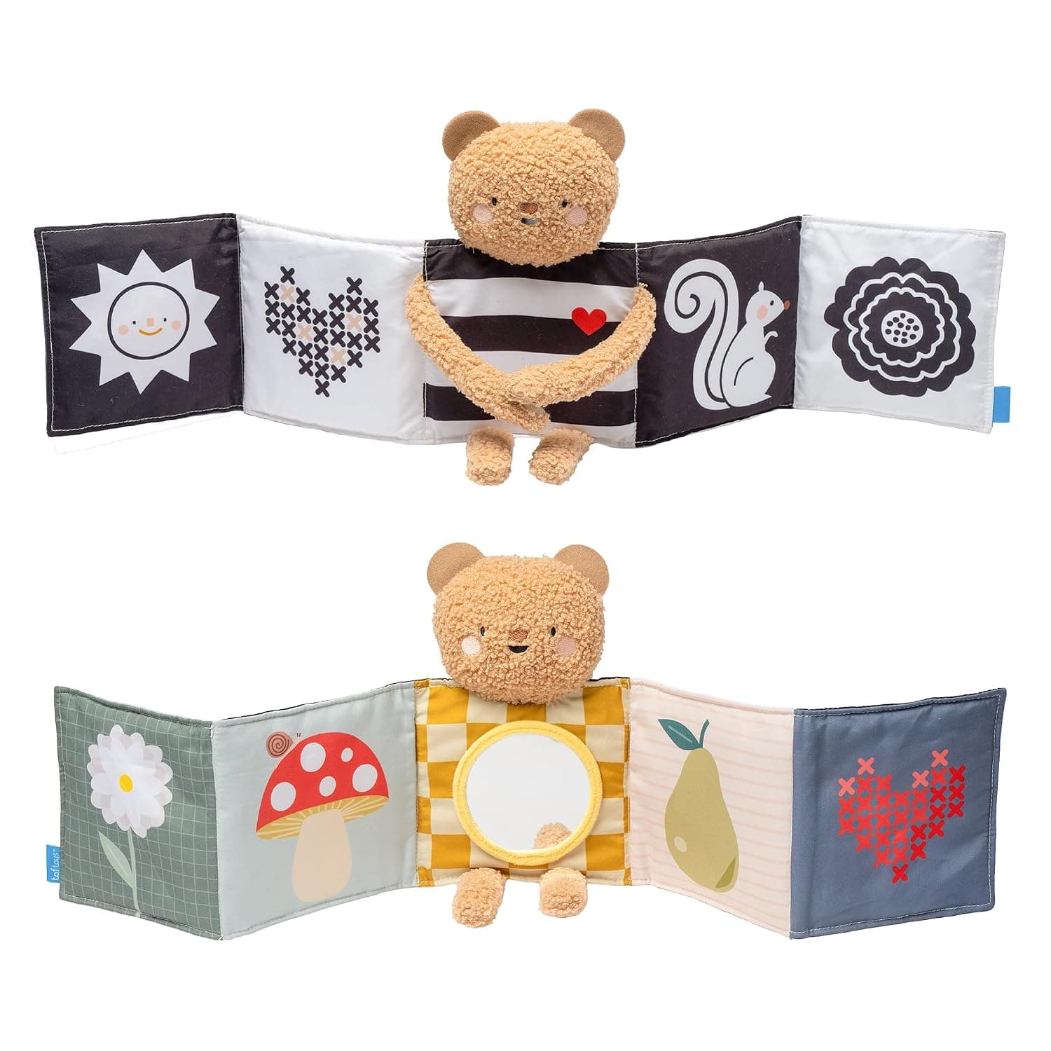 Taf Toys Black & White Sensory Newborn Book, High Contrast Side for Infant Brain Development, Vibrant Colors & Baby Mirror, Plush Bear for Tummy Time Books 0-6 Months - Baby Gifts for Boys Girls