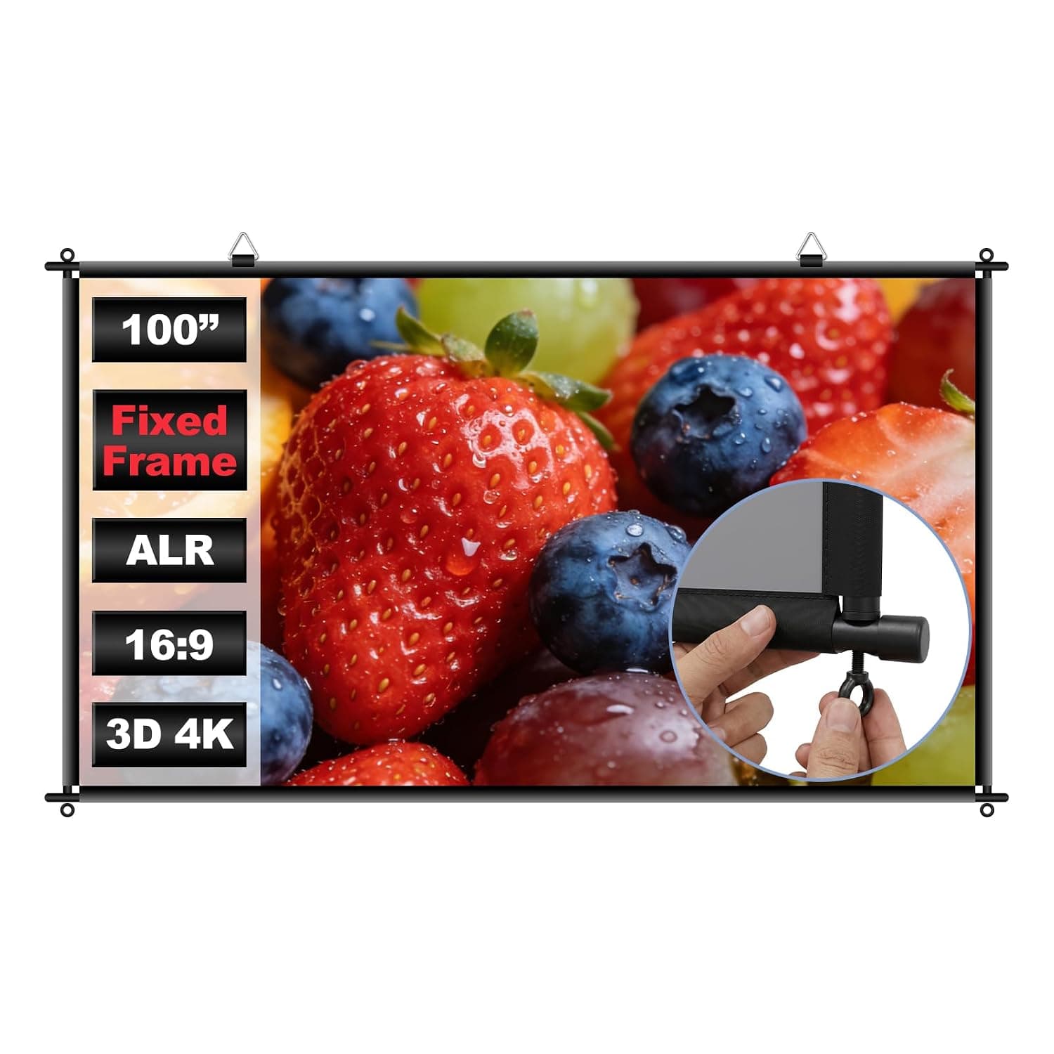 100 inch Fixed Frame Projector Screen, Anti Glare Outdoor Indoor Movie Projector Screen, Wrinkle-Free Hanging Projection Screen for Home Theater, Camping, Backyard, ALR 4K HD 16:9