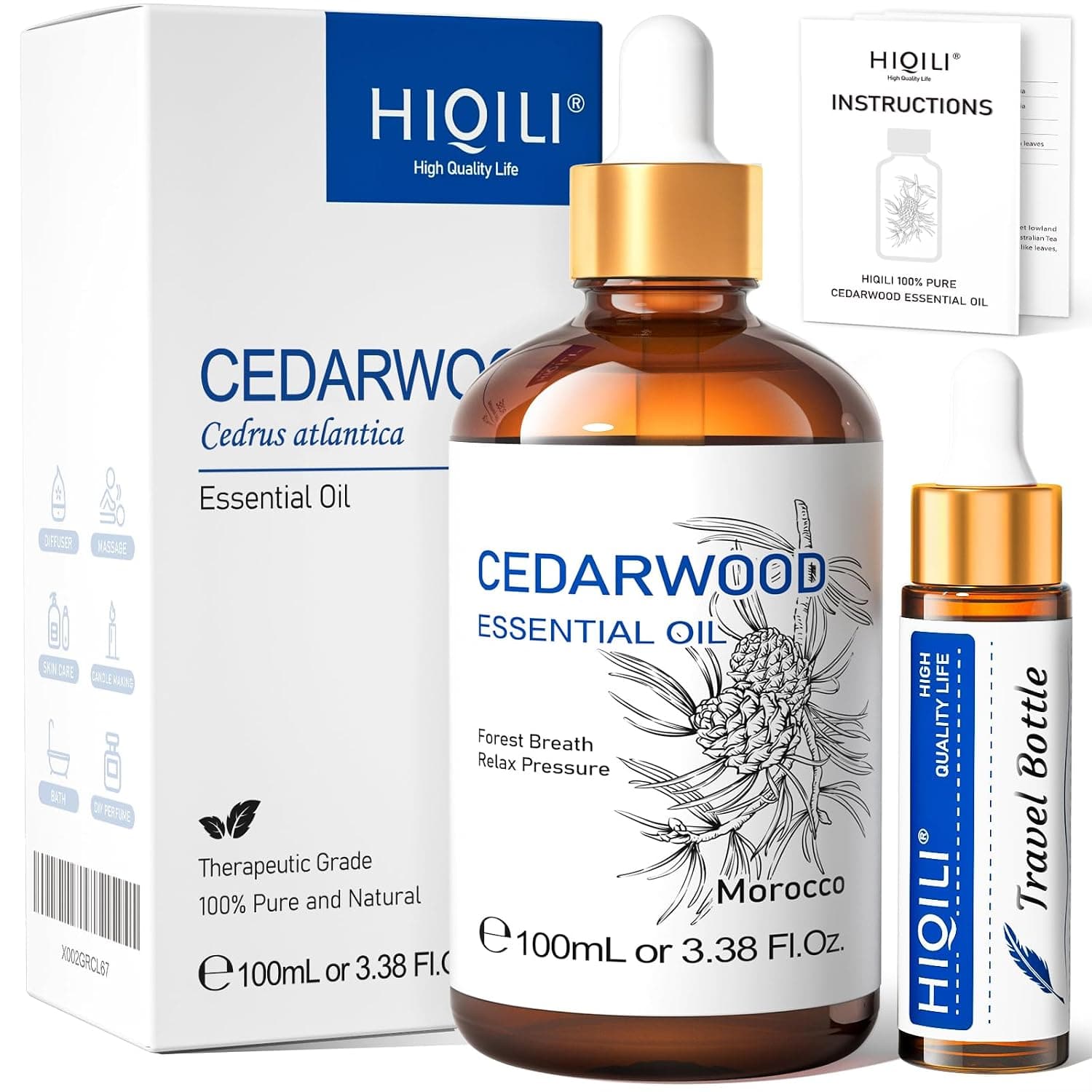 HIQILI Cedarwood Essential Oil for Diffuser, Spray & DIY | Nourishes Skin & Hair, Adds to Conditioner, Lotion, Soap, Candle Making, Home Atmosphere, Relaxing —100mL / 3.38 fl.oz