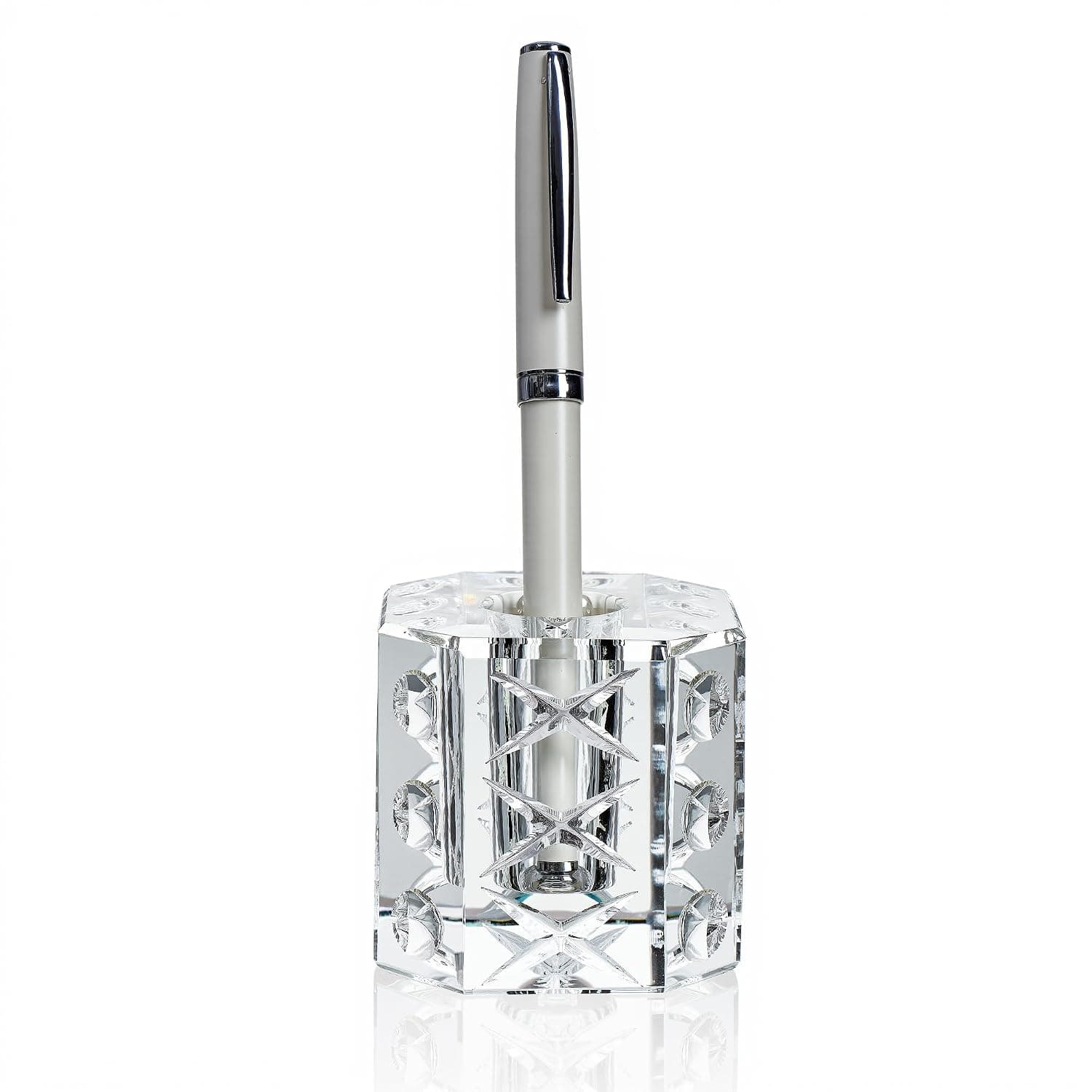 QFkris Fancy Crystal Single Pen Holder for Desk, Glass Fountain Pen Stand | 2.2" Feather Pencil Holder for Office Desktop Decoration, Gift for Man Woman Students Teachers Father Boyfriend