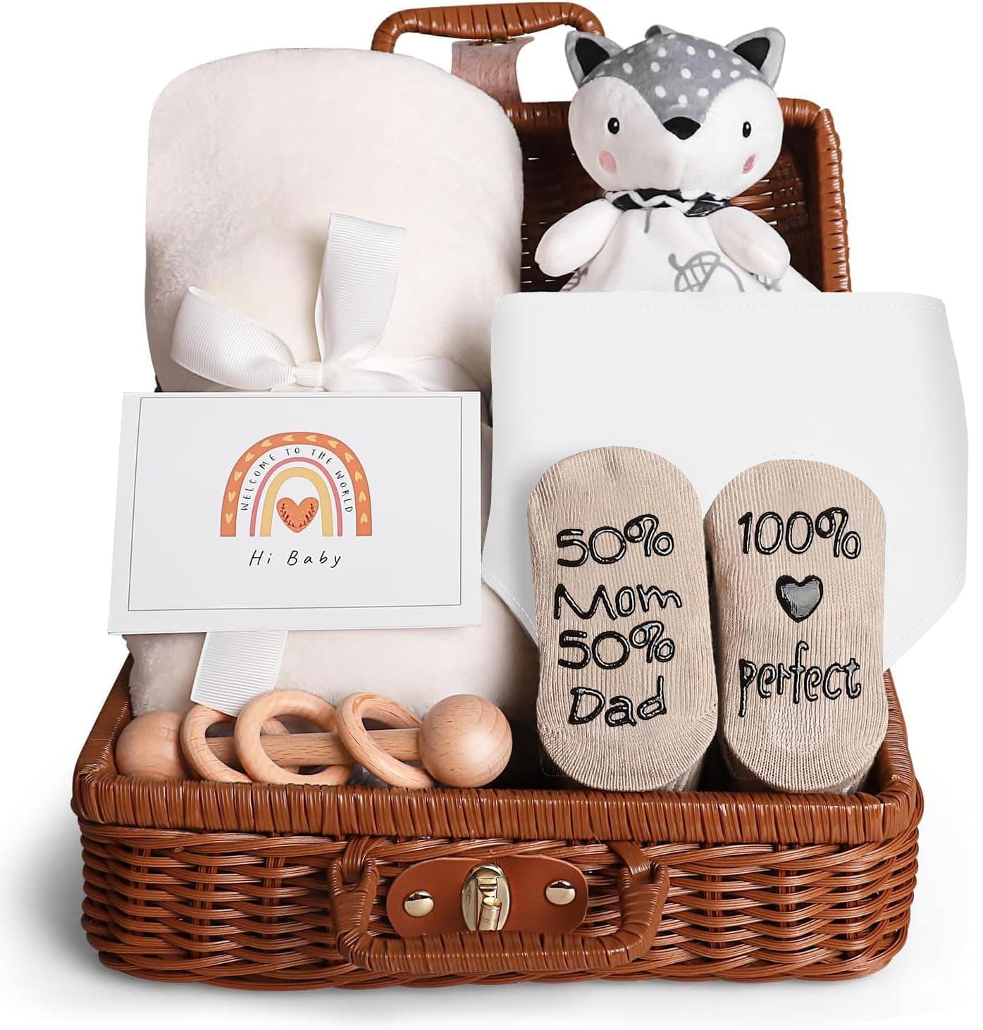 Baby Gift Basket, Newborn Gift Set with Baby Baby Rattle, Newborn Baby Gift Set, Newborn Baby Gifts, Medium Baby Gift Basket Kit for Expecting Moms(WHITE)