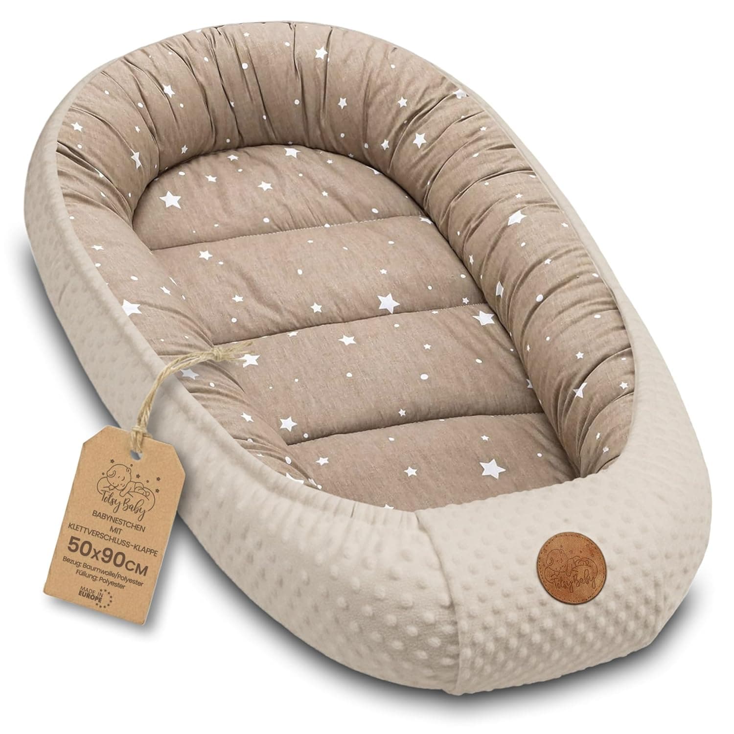Baby Nest for Newborns – Minky Portable Nest for Crib, Versatile Cuddle Cocoon Accessory for Winter Beige with White Stars