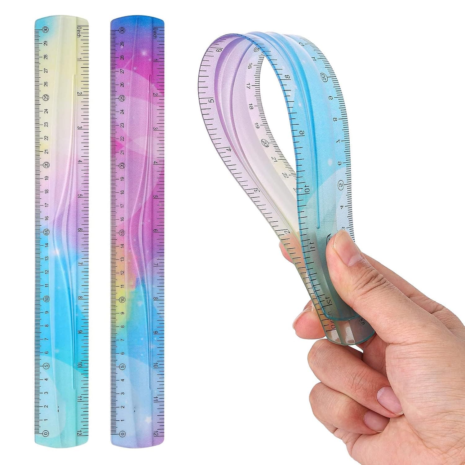 2 Pack Flexible Rulers 30cm/12inch, Soft Bendable Plastic Straight Edge Ruler for Kids and Adults, Durable School Classroom Supplies, Office Study Measuring Tools for Drawing and Learning