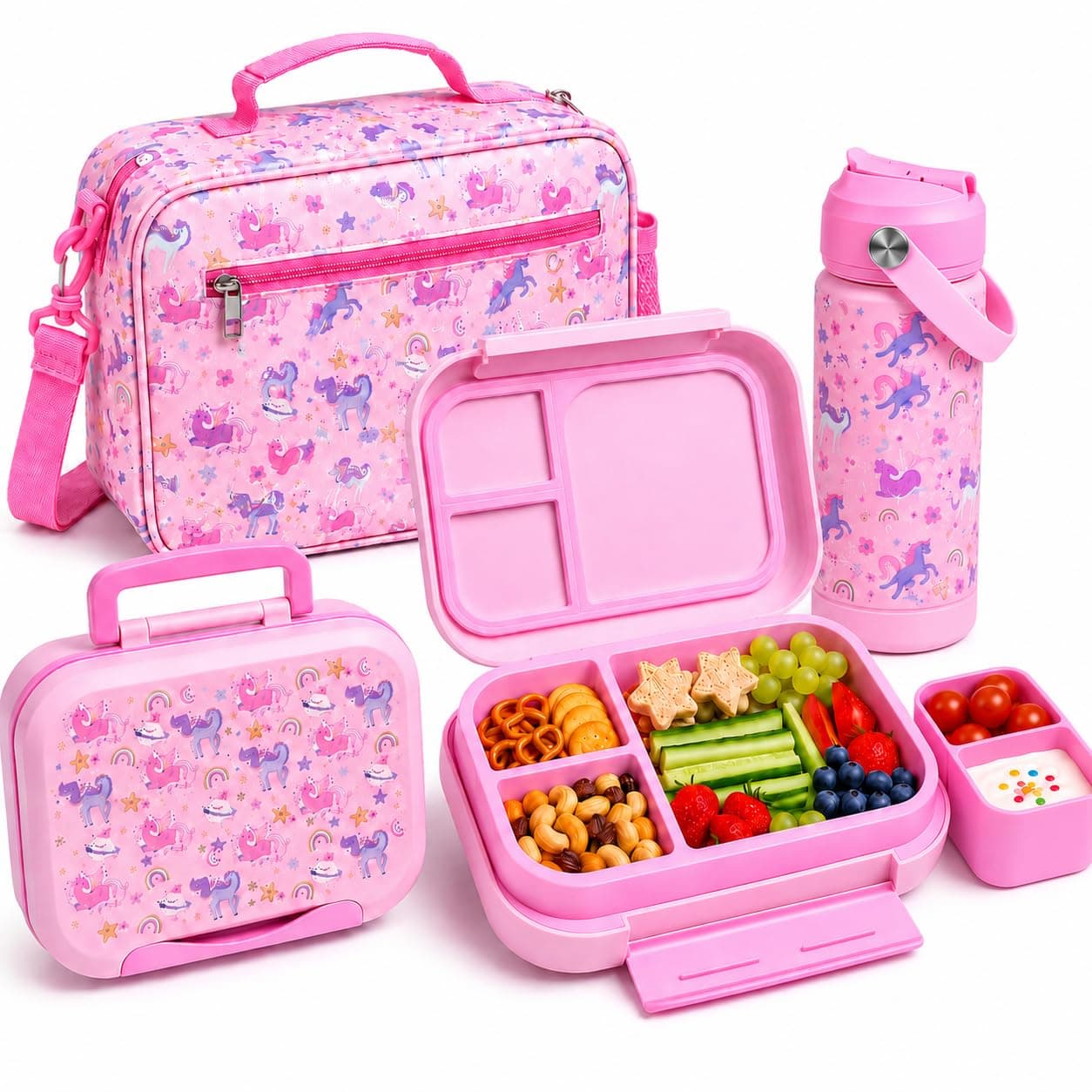 Unicorn Lunch Box Set for School Kids – Insulated Lunch Bag with 5-Compartment Leakproof Bento Box (1200ml) – Cute Lunch Storage Set for Boys & Girls, Back to School Picnic and travel