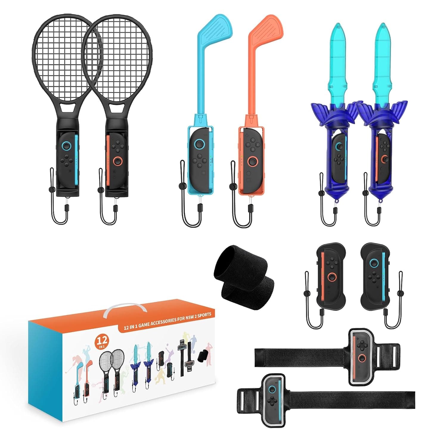 EJGAEM Switch2 Sports Accessories Bundle ,12 in 1 Accessories Kit Compatible with Nintendo Switch2,Family Accessories Kit for Switch2 Sports Games with Leg Strap,Golf Clubs,Tennis Rackets,Sword Grips