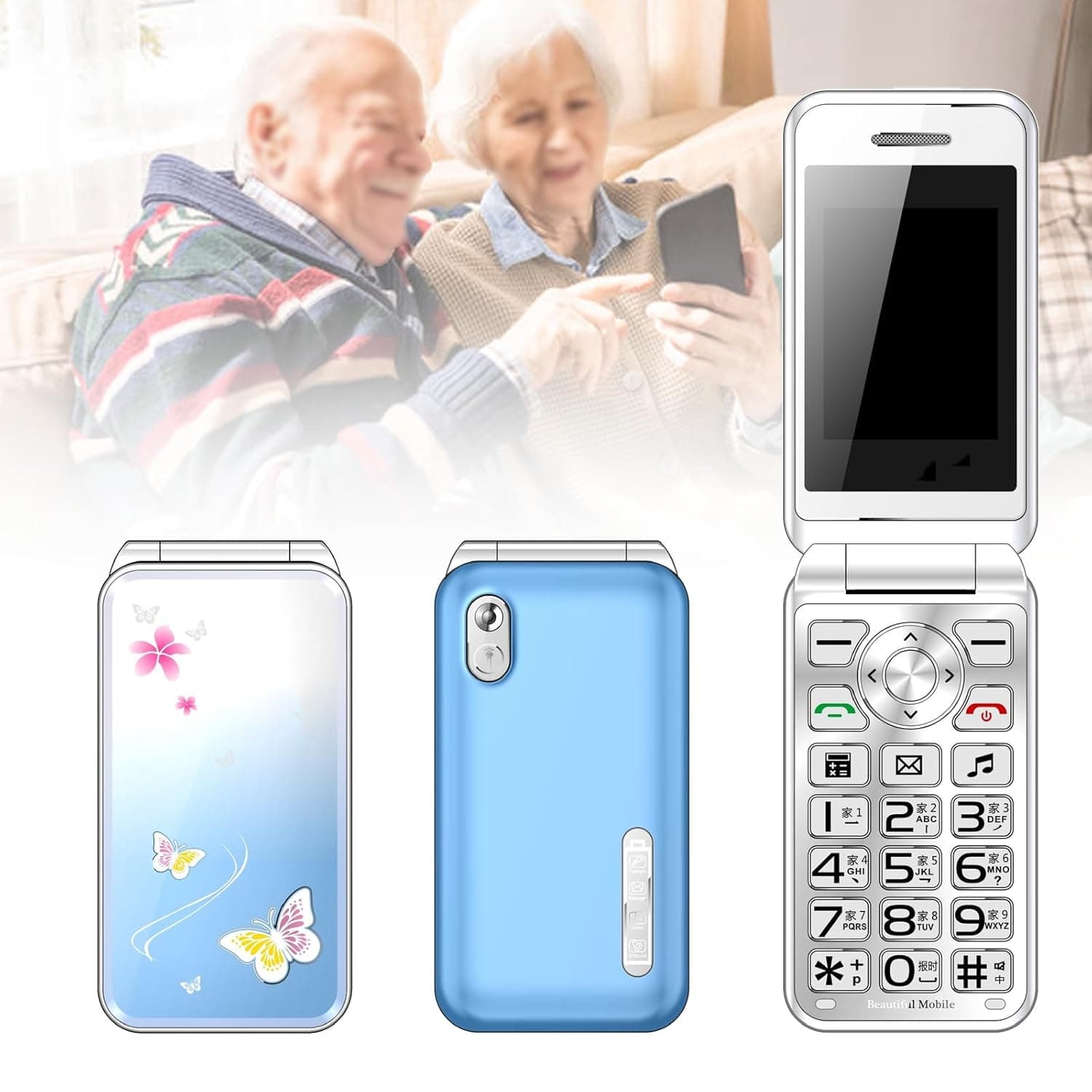 جوالات اساسية لكبار السن والاطفال، هواتف غبية غير مقفلة بدون انترنت - مع ازرار كبيرة، MP3، MP4، كاميرا، مصباح يدوي، اس او اس، ازرق