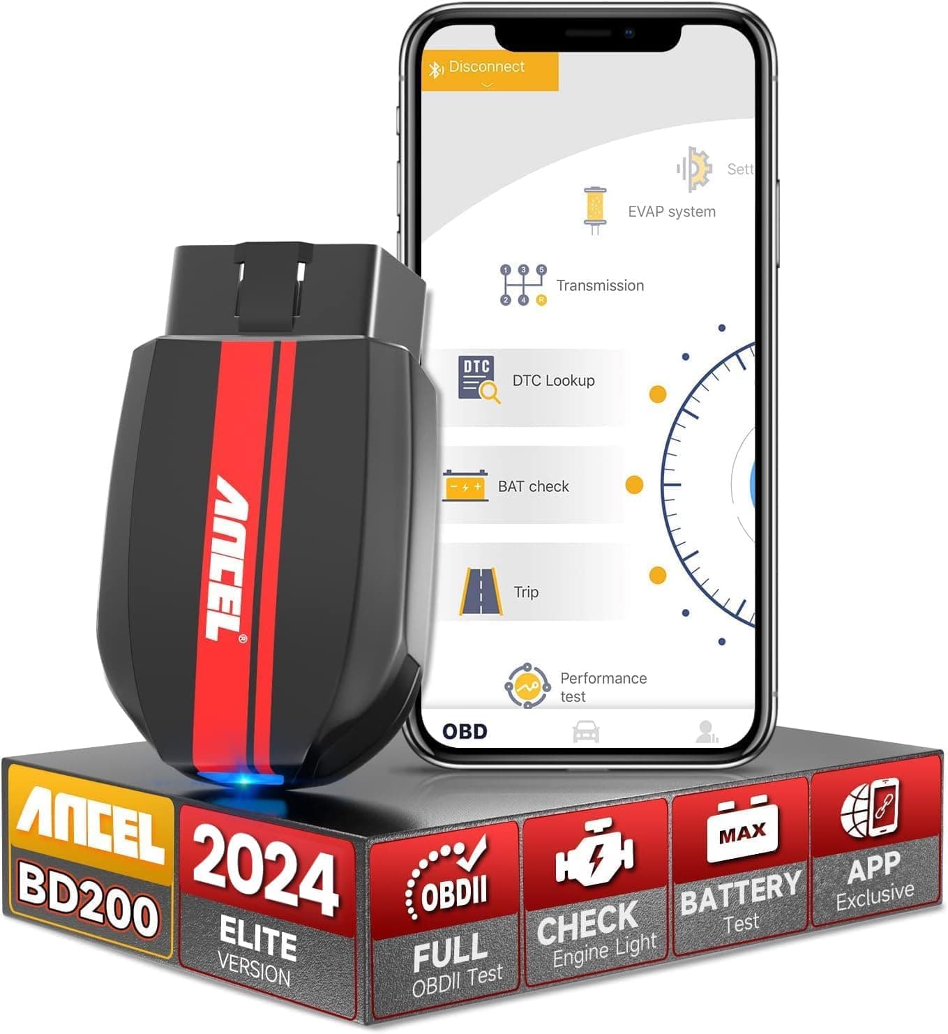 ANCEL BD200 OBD2 Scanner Bluetooth - Code Reader Clear Check Engine Light Diagnostic Tools with Car Battery Test, Wireless Auto OBDII Scan Tool Works with iOS & Android for 1996 & Newer Vehicles