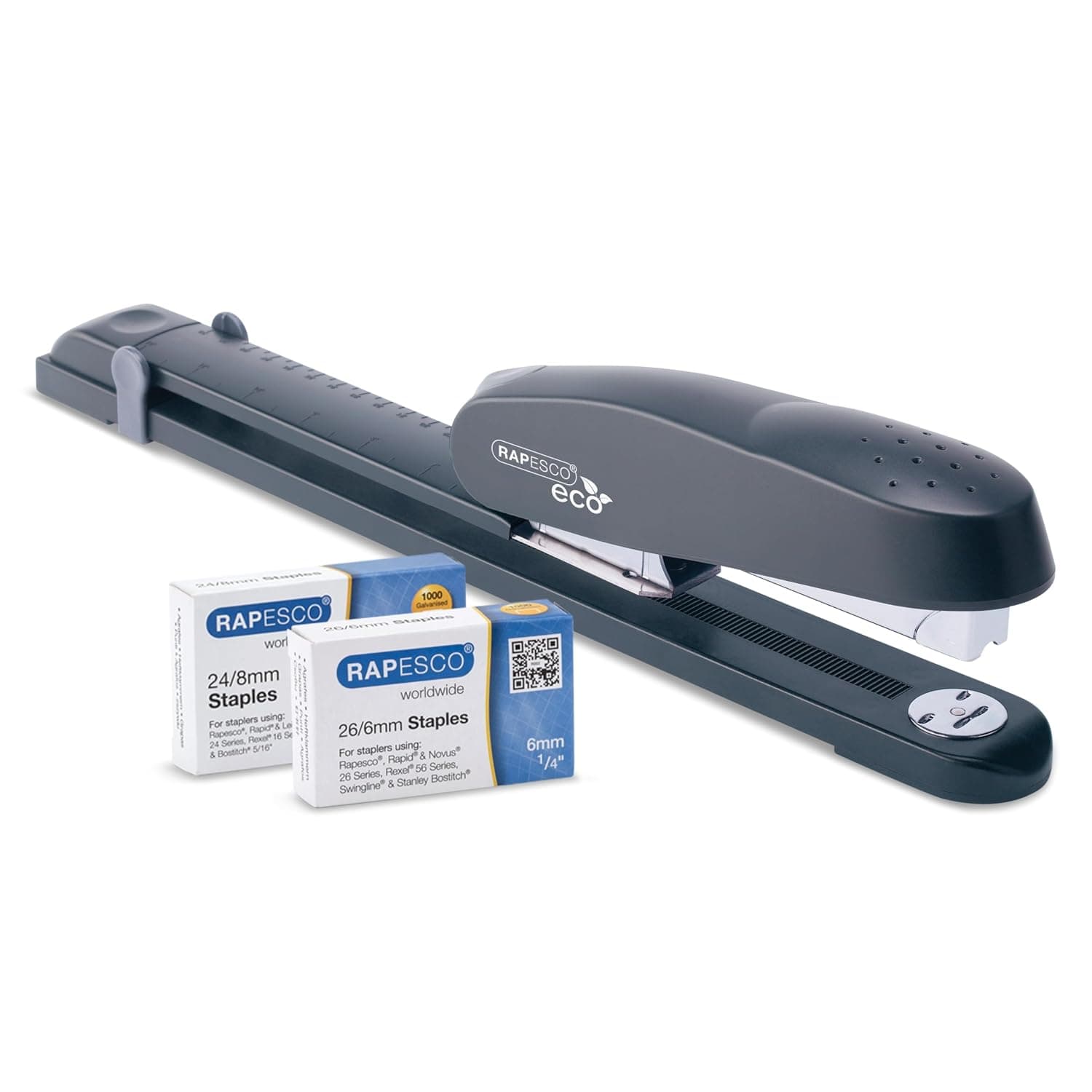 Rapesco 1480 ECO Heavy Duty Front Loading Long Arm Stapler 790, 50 Sheet Capcity, Charcoal, & 2,000 x Staples