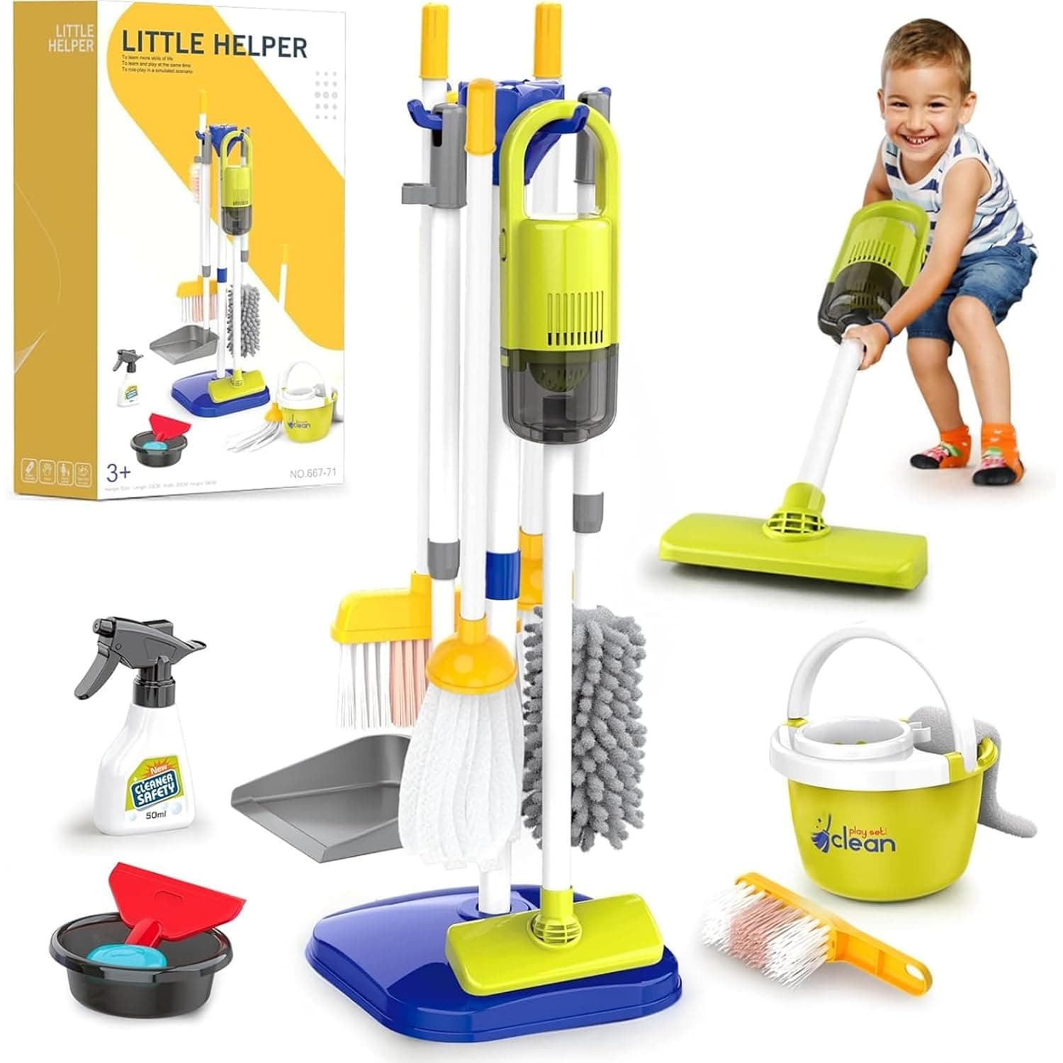 Andanna Toddler Toys Cleaning Set, 14Pcs Kids Cleaning Toy Set, Pretend Play Home Cleaning Playset - Incl.Electric Toy Vacuum, Broom and Dustpan Set, Mop,Duster and More for Toddler (Blue)