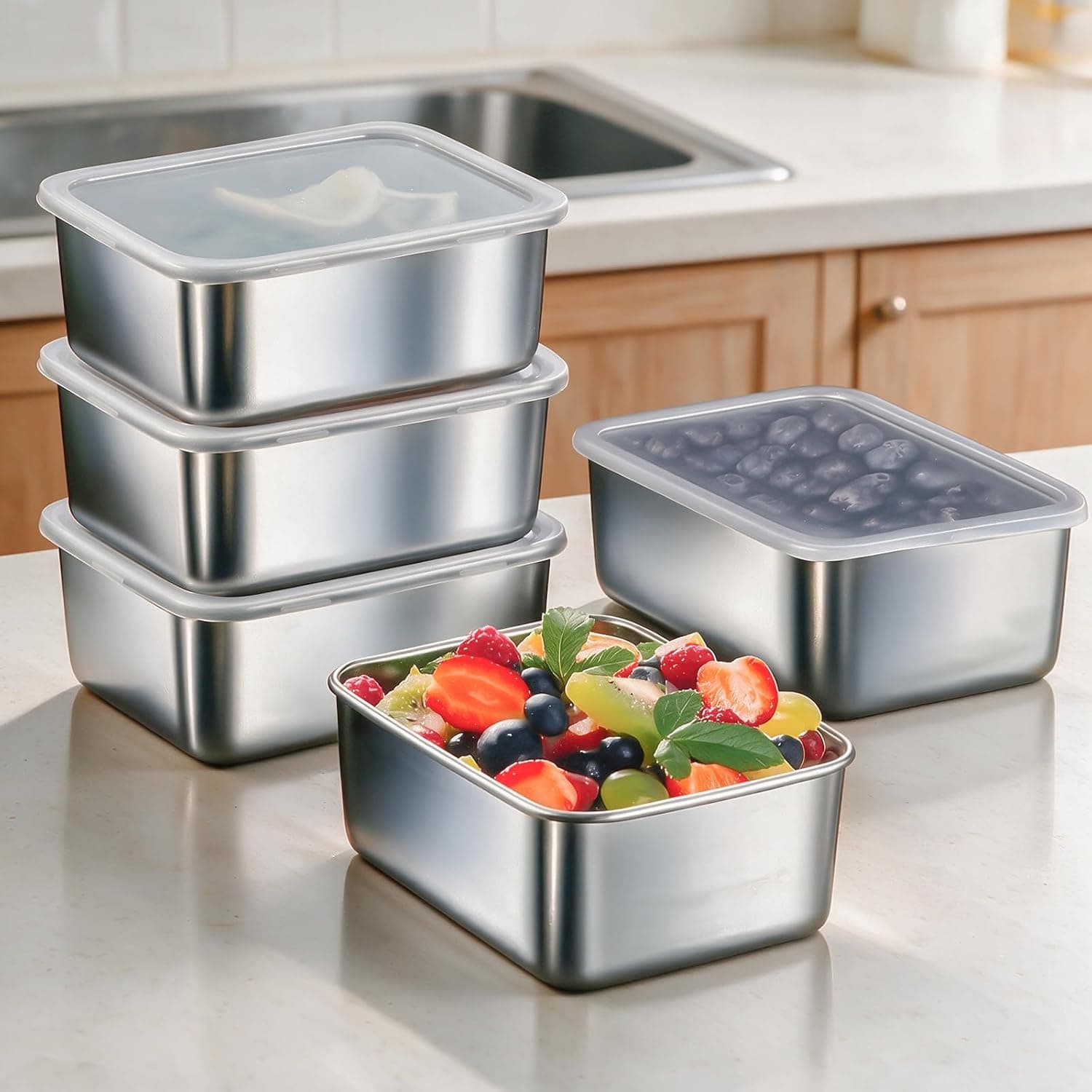 8pcs Stainless Steel Food Storage Containers with Clear Lids for Refrigerator Organization, Kitchen Containers,Gray