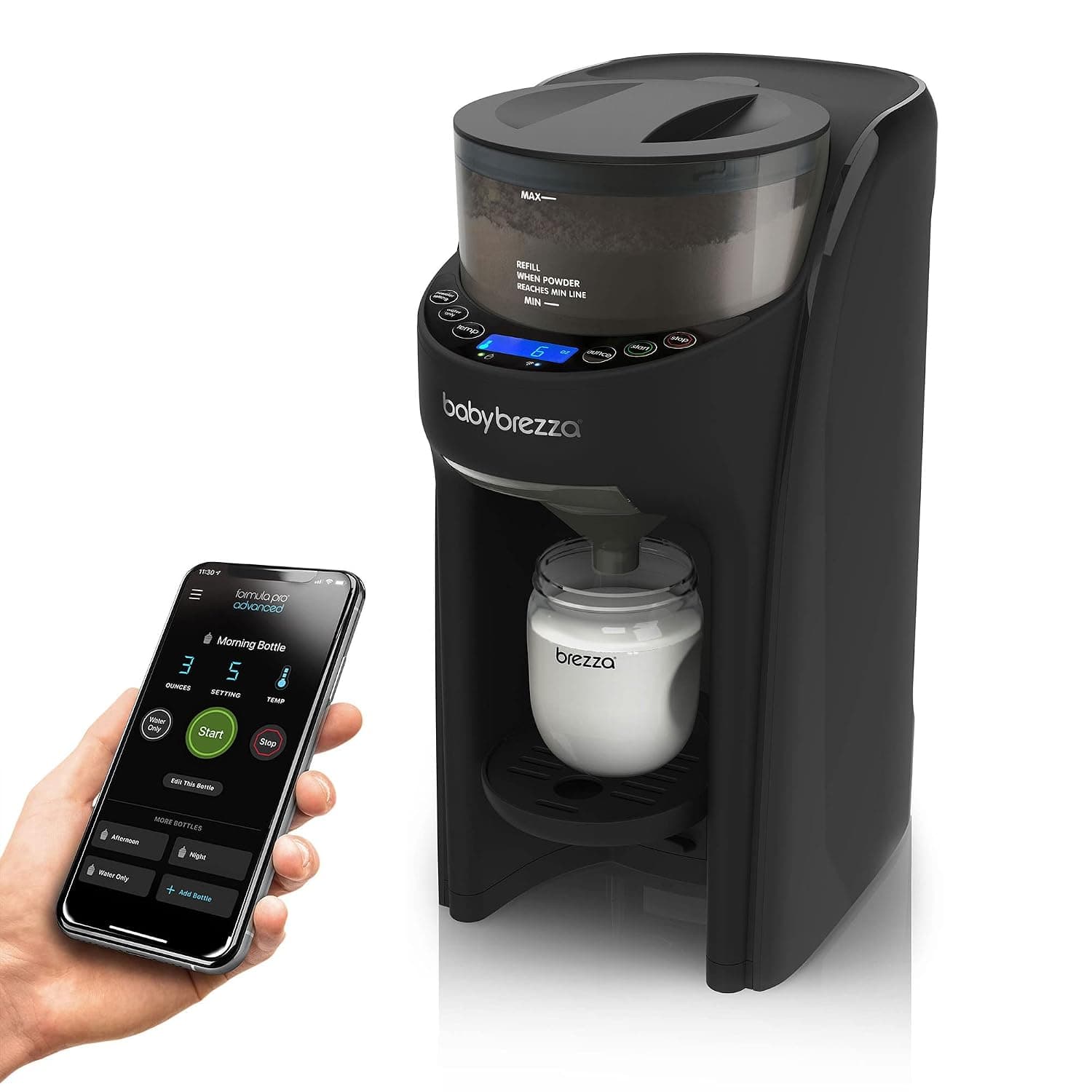 Baby Brezza Formula Pro Advanced WiFi Formula Dispenser - Automatically Mix a Warm Formula Bottle From Your Phone Instantly – Easily Make Bottle With Automatic Powder Blending Machine, Black | Mix a warm bottle from your phone, automatic powder blending, app controlled
