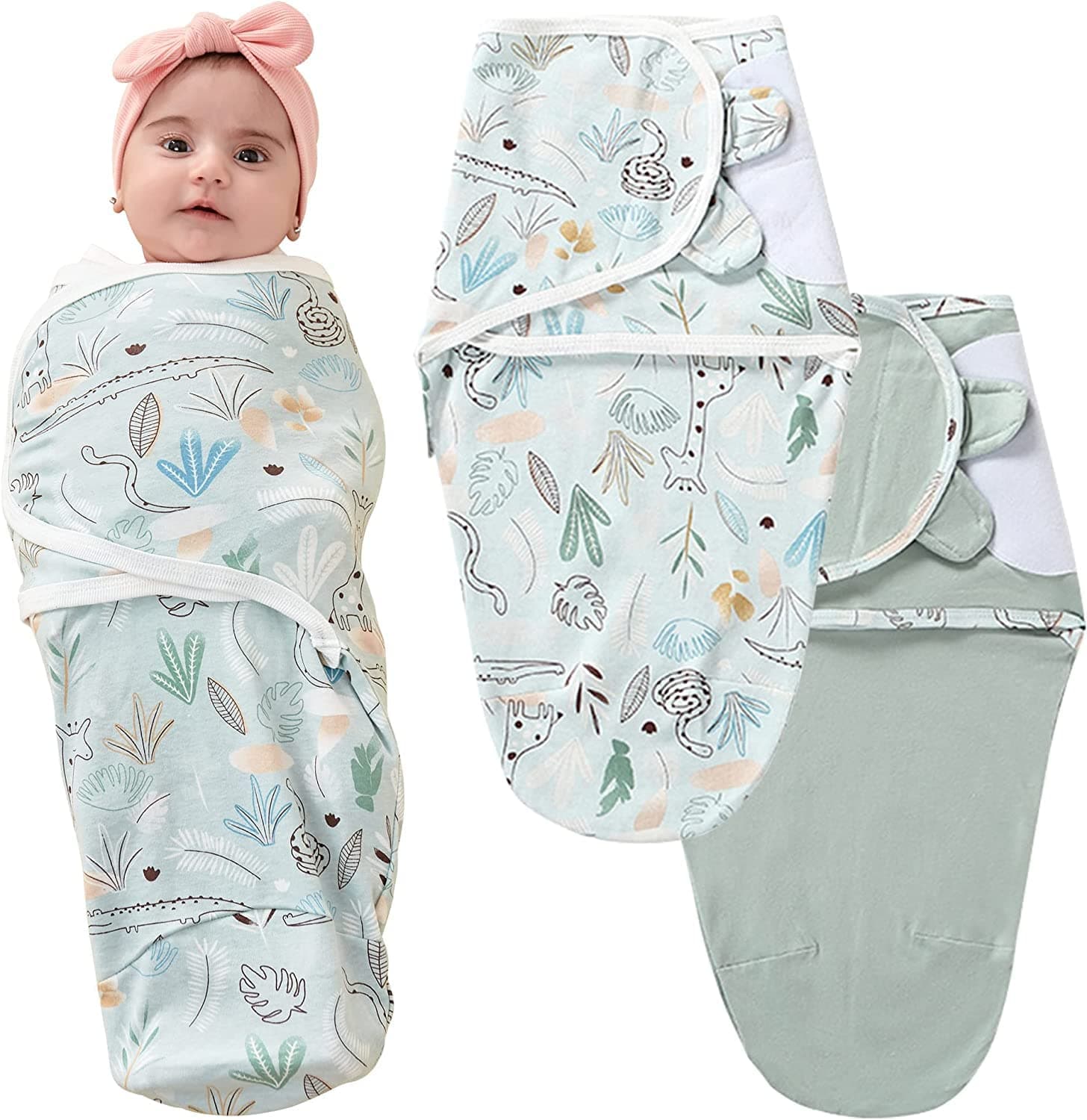 SYOSI Swaddle Blanket Cotton Knit Baby Wrap 1.0 Tog Newborn Wearable Swaddle Sleep Sacks Baby Girl Boy Essentials Green Garden 3-6 Months 2 Pack