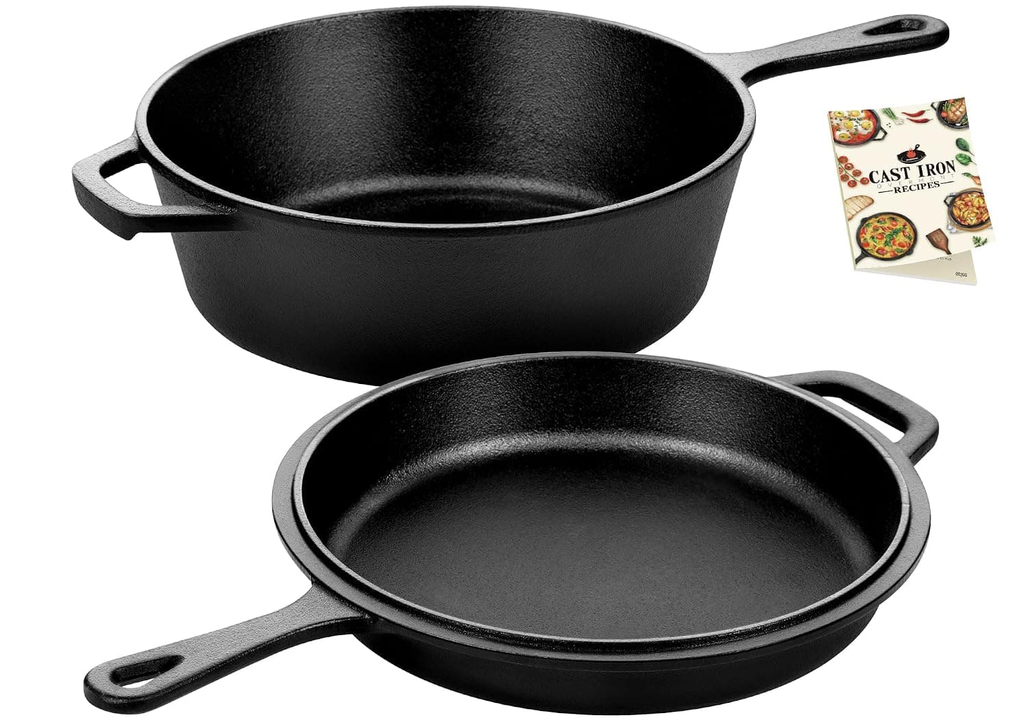 Overmont 26CM/3L Pre-Seasoned Cast Iron Pan - Dutch Oven Pot with Lid - Cast Iron Skillet, Combo Cooker with Cookbook Recipe, Works on Baking,Stovetop & in Oven -10.5 Inch
