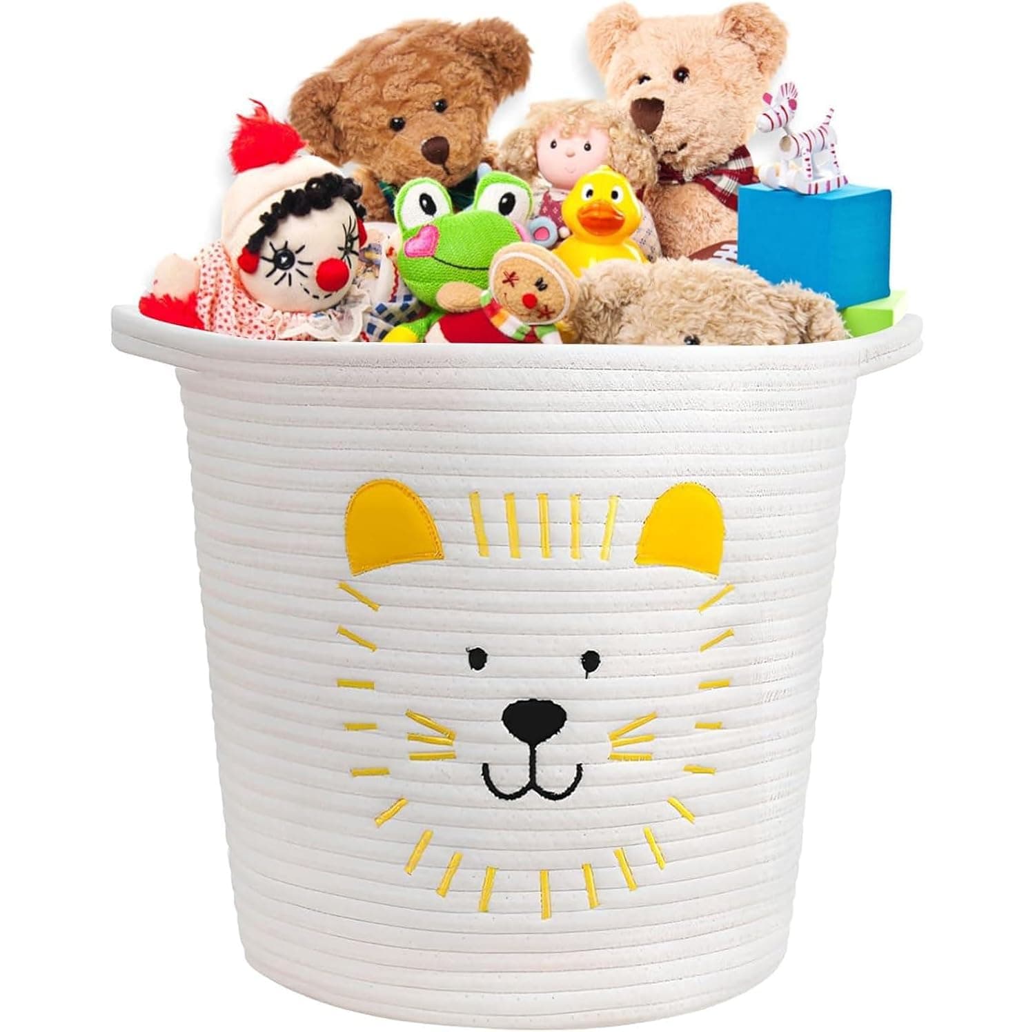 Paporich Toy Storage Baskets, Woven Cotton Rope Storage Basket for Kids, Multifunctional Blanket Baskets for Living Room with Embroidery Decor, Cute Layndry Organizer with Handle for Nursery