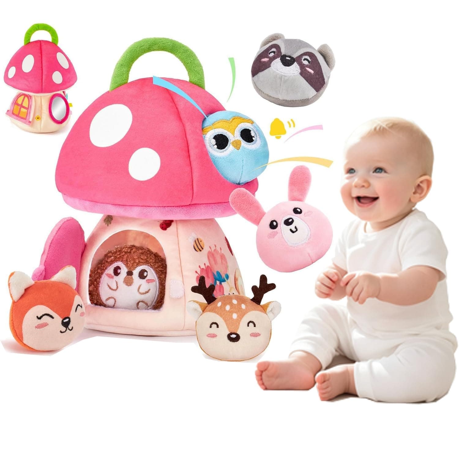 Baby Toys, Mushroom House Sensory Learning Toy, Rattle, Crinkle Paper, Mirror, Educational Montessori Toy for Infants 6-12 Months, Babies Boy Girl Birthday Gifts