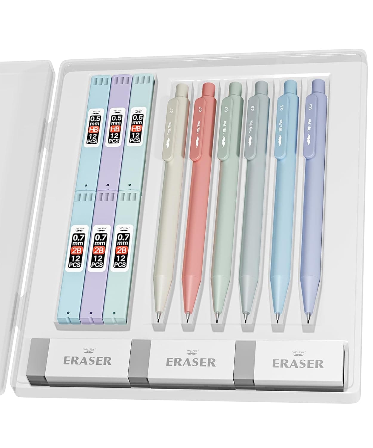 Mr. Pen- Pastel Mechanical Pencil Set with Lead Refills & Erasers, 6 Pack, 2 Sizes, 0.5 & 0.7mm, 6x Tubes HB & 2B Lead Refill, 3x Erasers for School Supplies, Note Taking, Drawing, Sketching, Office