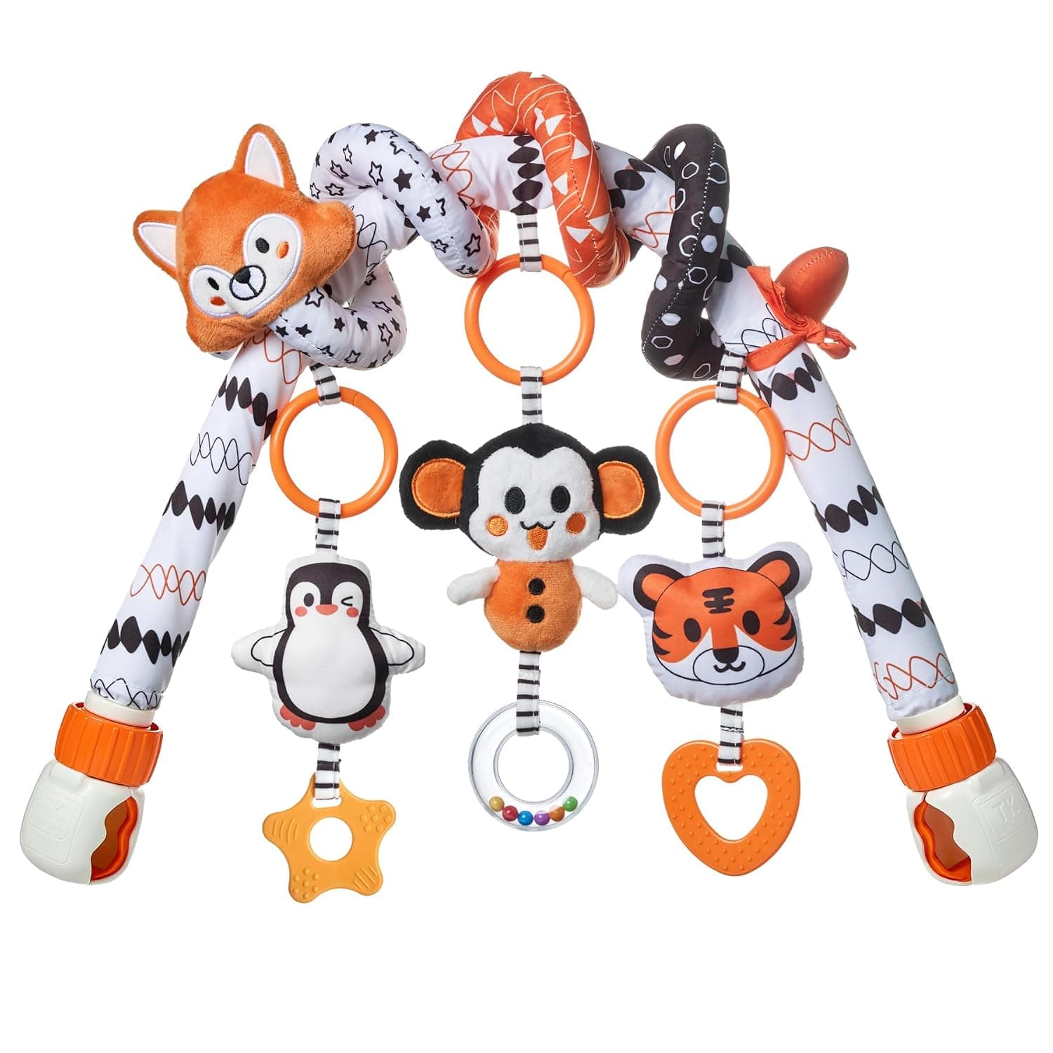 TUMAMA Black and White Baby Stroller Arch Toys, Removable Spiral Hanging Rattle Toys, High Contrast Car Seat and Stroller Toys for Baby 0 3 6 9 12 Months | Fox Spiral, Tiger, Monkey, and Penguin Rattles with Teethers and Rattling Beads, detachable and hangabl, soft material