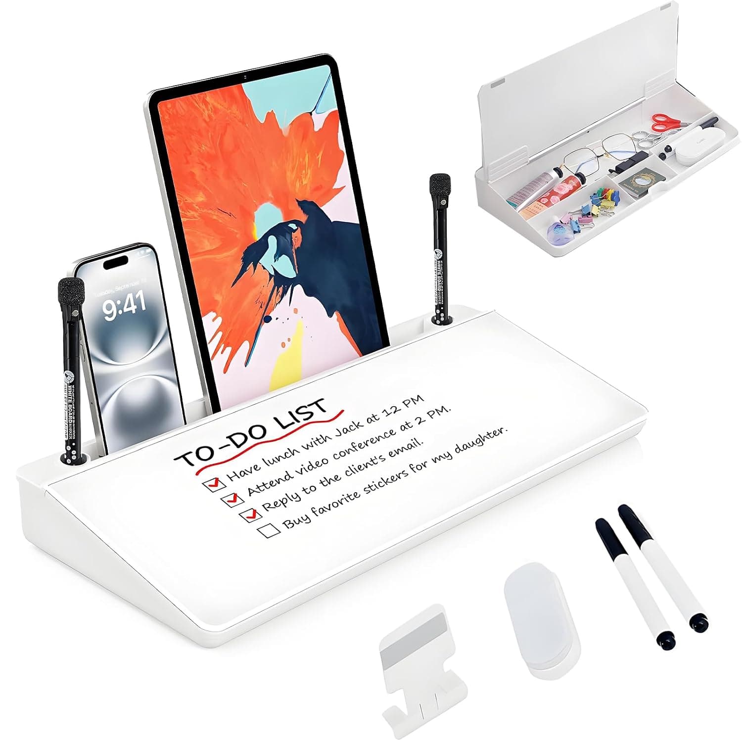 Desktop Glass Whiteboard Dry-Erase-Board - To Do List Memo White Board, Computer Keyboard Stand White Board Surface Pad, Desk Organizers with Accessories for Office, Home, School Supplies