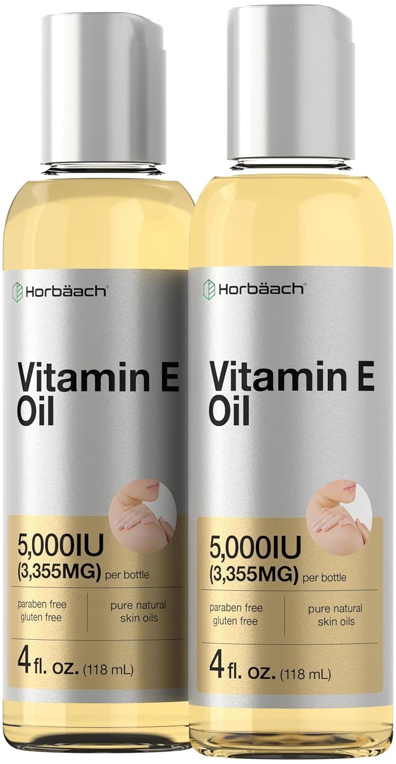 Horbäach Vitamin E Oil | 5000 IU | 8 oz (2 x 4oz) Value Pack | for Skin, Hair, Face & Body | Vegetarian, Non-GMO, and Gluten Free Formula | for Skin, Hair, Face & Body | Vegetarian, Non-GMO, and Gluten Free Formula
