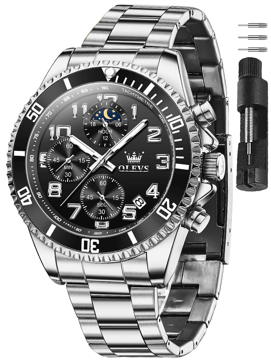 OLEVS Watches for Men Stainless Steel Dress Men Watch with Date Big Face Chronograph Waterproof Luxury Fashion Watch Blue/Black/Gold/Green/Silver Face Relojes para Hombres