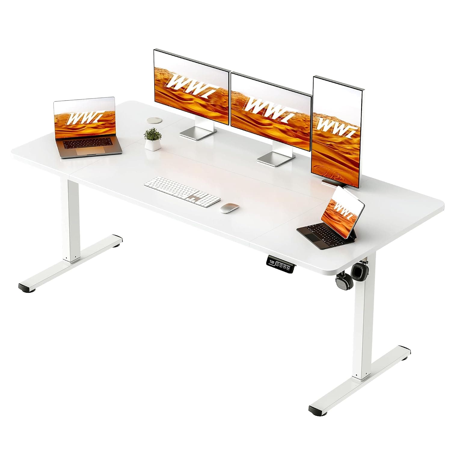 WWI Electric Height Desk Adjustable Computer Desk 160x60cm with Memory Remote Height 2 Smart Standing Workstation with Headphone Hook and Metal Bracket (White, 160 * 60)
