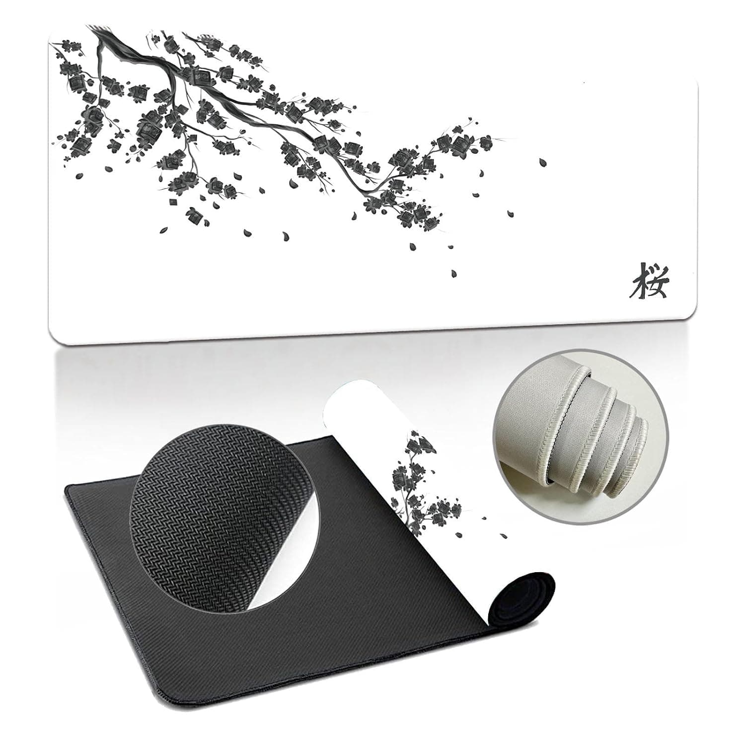 3D Pattern Mouse Mat, Sakura Elegant Mouse Mat XXL/XL/L, Gaming Mouse Mat with Non-Slip Base and Stitched Edges, Mouse Pad for Office and Home (White) (White, 1000x500x3 mm)