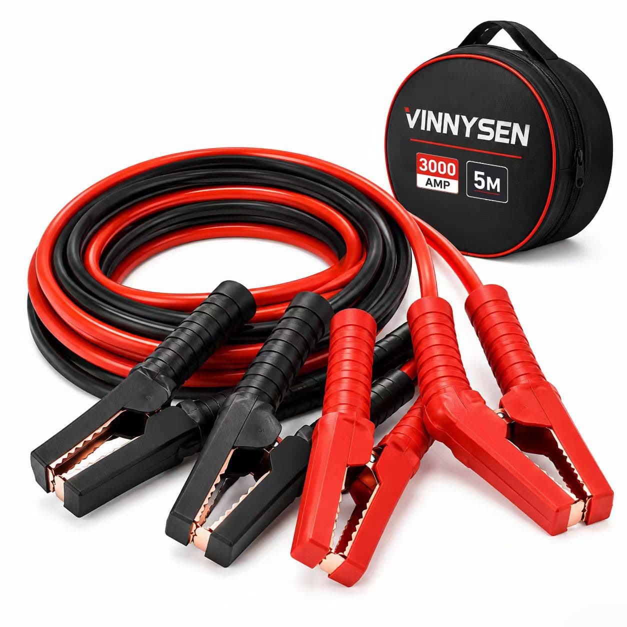 VINNYSEN Jumper Cables for Car Battery, 5M 3000Amp Extra Long Heavy Duty Car Battery Jump Leads with Storage Bag Colour Coded Clamps for Petrol and Diesel Car Vans Truck