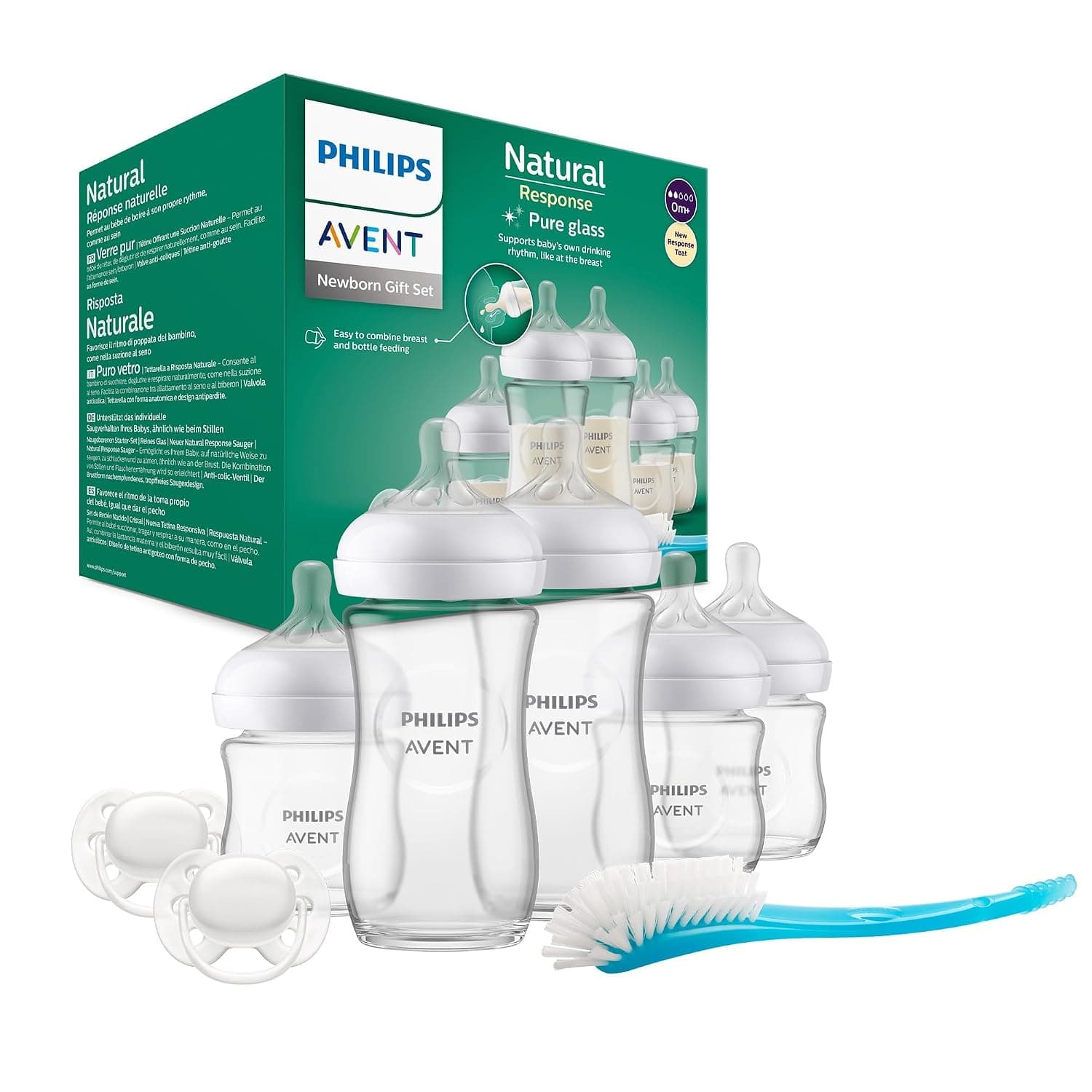 Philips Avent Natural Response Gift Set for Newborns - 3 Glasses 120 ml Baby Bottles and 2 Glasses 240 ml Baby Bottles, 2 Ultra Soft Pacifiers 0-6 Months, Bottle Brush, BPA Free (Model SCD879/11)