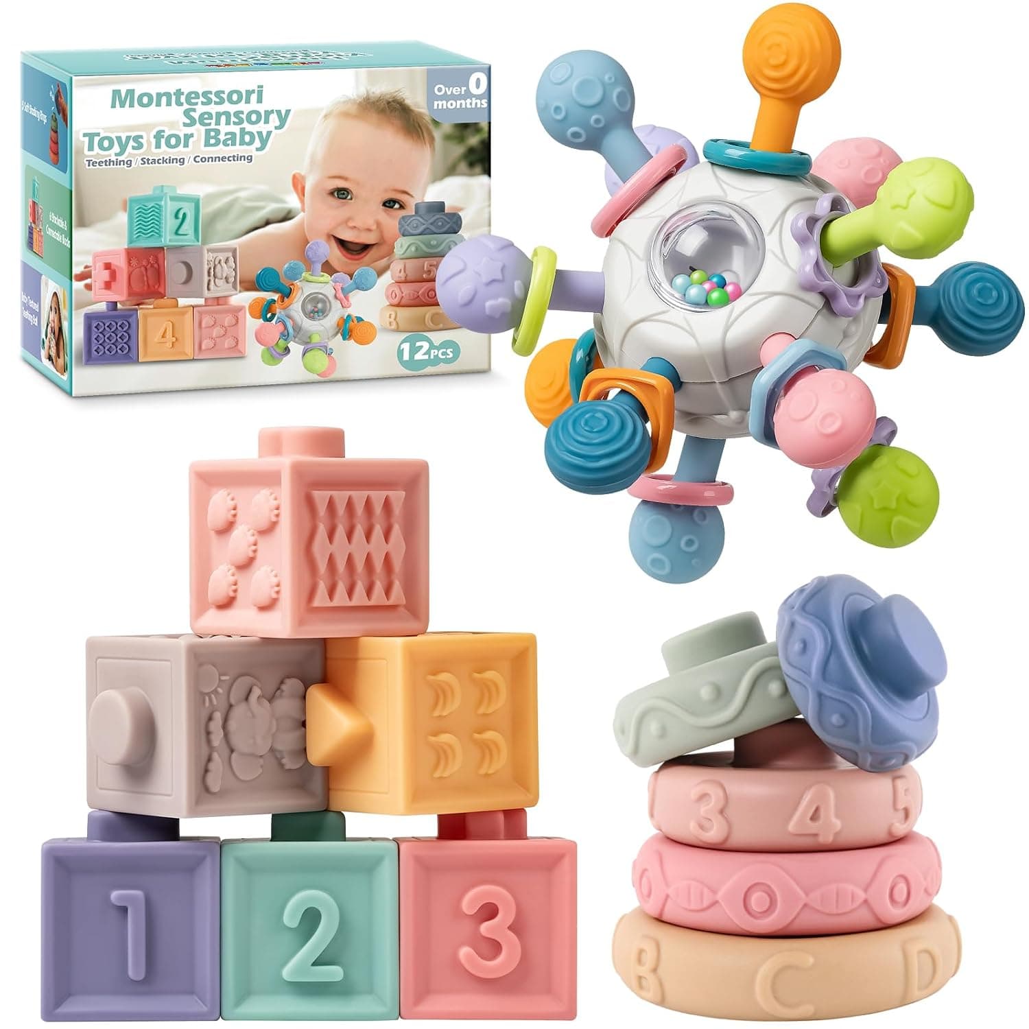SpringFlower 3 in 1 Baby Toys 6 to12-18 Months, Stacking Building Blocks & Rings for Infant 3-6-9-12 M+, Color Sensory Ball Toys, Montessori Toys for 1-3 Year Old Boy and Girl Gift