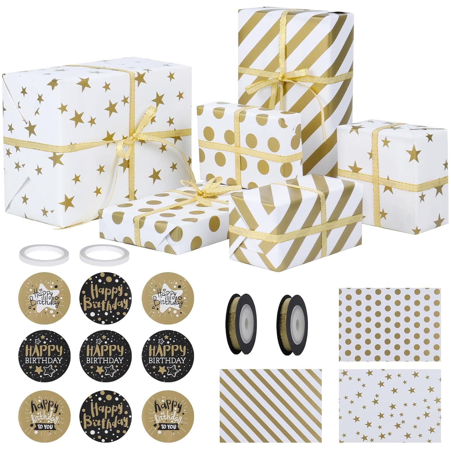 ANYUAN Gold Wrapping Paper Set,3 Designs Gift Wrapping Paper with Gold Ribbon, Tape&Happy Birthday Stickers,Gift Wrap Paper for Birthday,Party,Holiday,Baby Shower,Wedding,Christmas Gift Wrapping