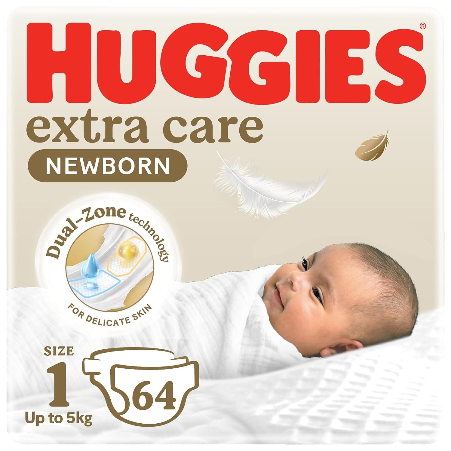 Huggies Extra Care Newborn Diaper Size 1 (Up to 5 KG) 64 Diapers