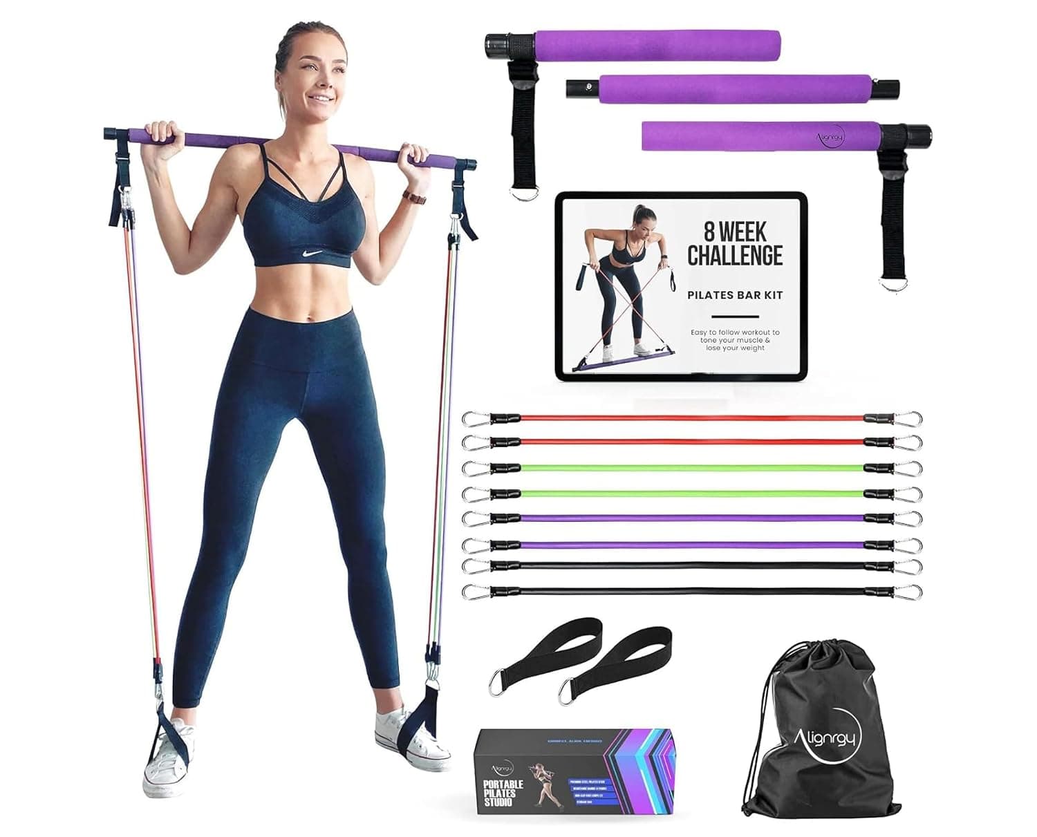 Portable Pilates Bar Kit with Resistance Bands (20, 30, 40, 50 LB) - 8 Week Video Program - Premium Quality Home Equipment 3 Section Pilates Bar with Resistance Bands Full-Body