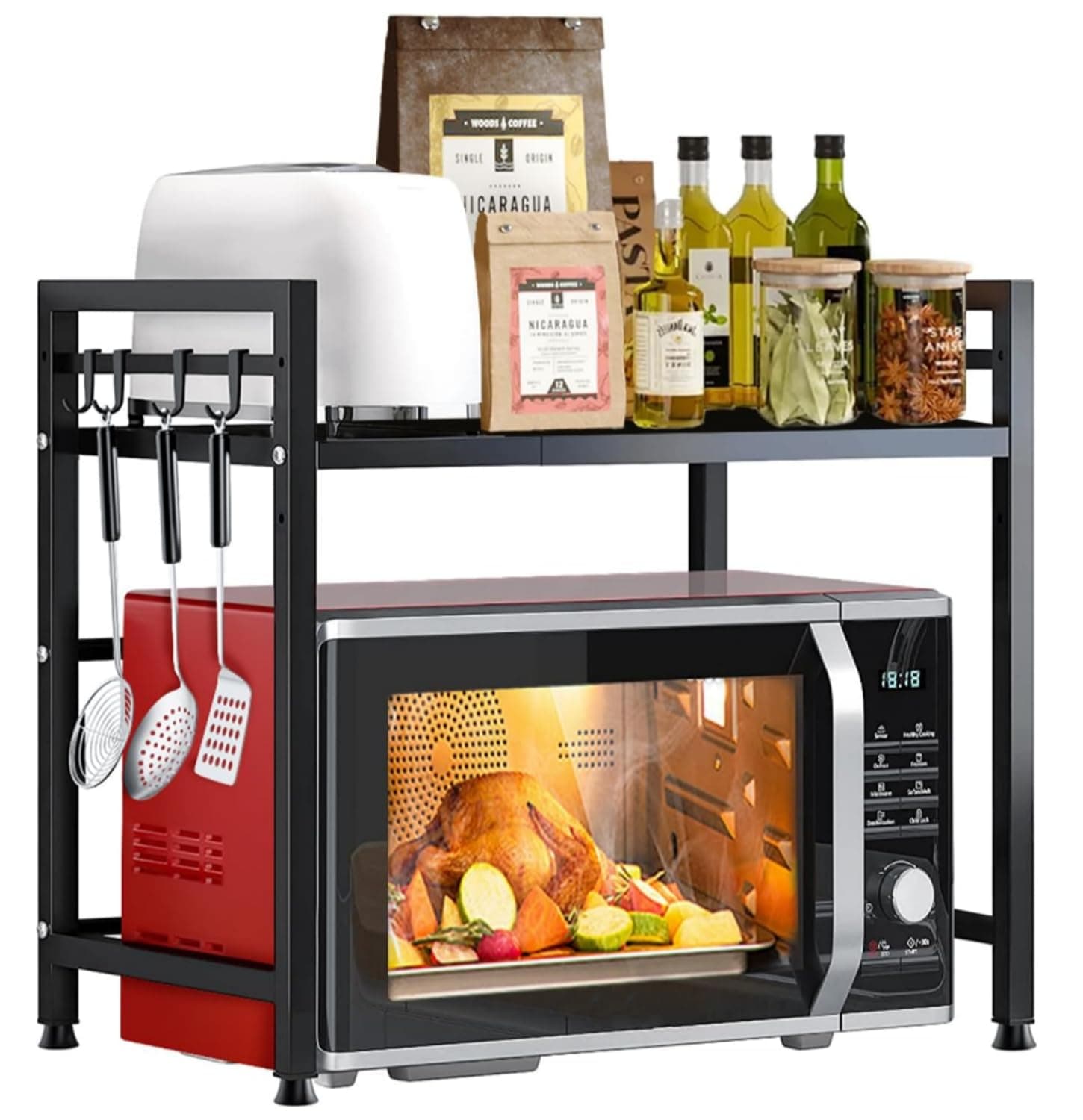 SKY-TOUCH Microwave Oven Rack, Expandable Microwave Stand with 6 Hooks, Kitchen Utensils Tableware Storage for Kitchen Dining Room